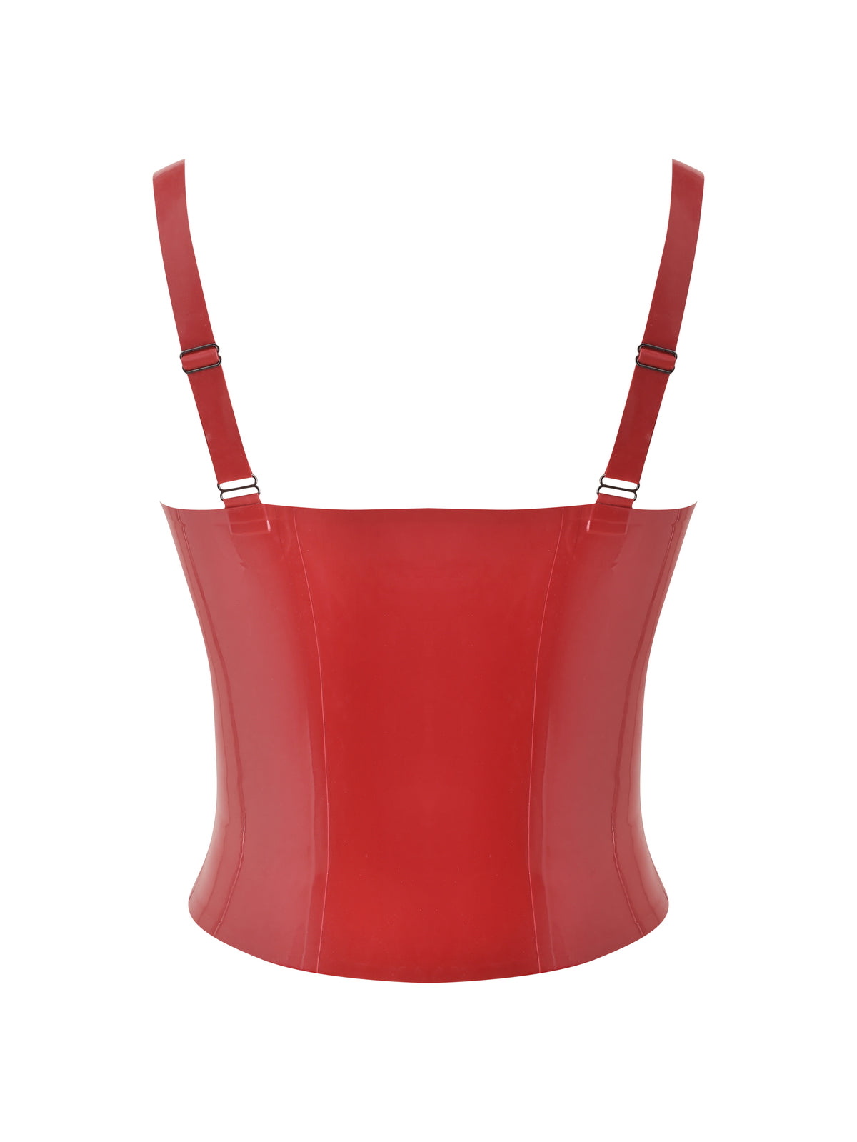 The BUFFY LATEX CORSET - RED by I.AM.GIA features a glossy red latex finish, adjustable straps, and a flattering sweetheart neckline, shown from the back against a white background.