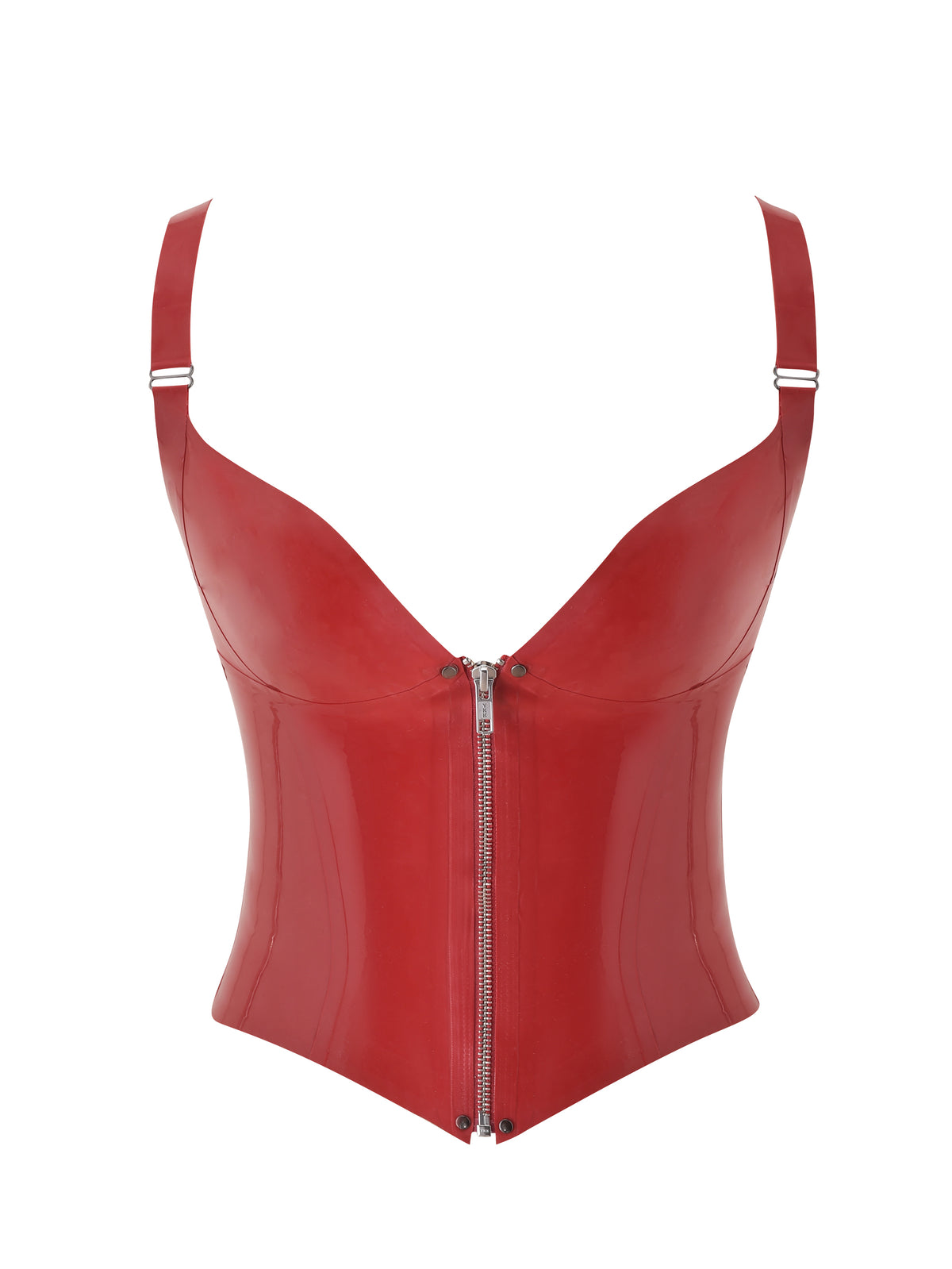 The BUFFY LATEX CORSET - RED by I.AM.GIA is a red, shiny latex corset with a sweetheart neckline and adjustable shoulder straps. Featuring a high gloss latex finish and front zipper closure, it is displayed on a white background.