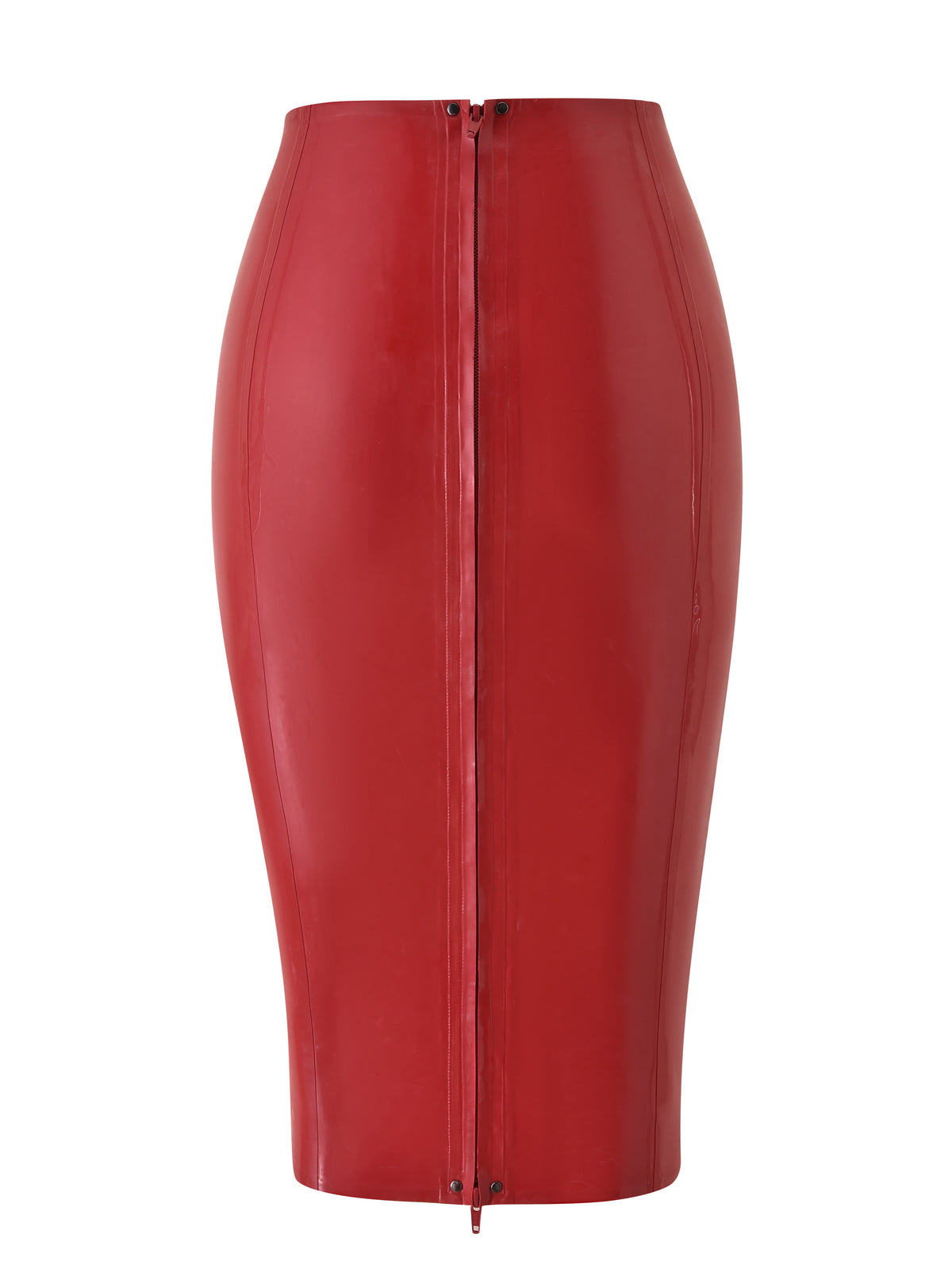 The BUFFY LATEX MIDI SKIRT - RED by I.AM.GIA is a high-waisted, knee-length bodycon pencil skirt crafted from high gloss red latex, featuring a striking vertical zipper down the front center for a bold and modern statement.