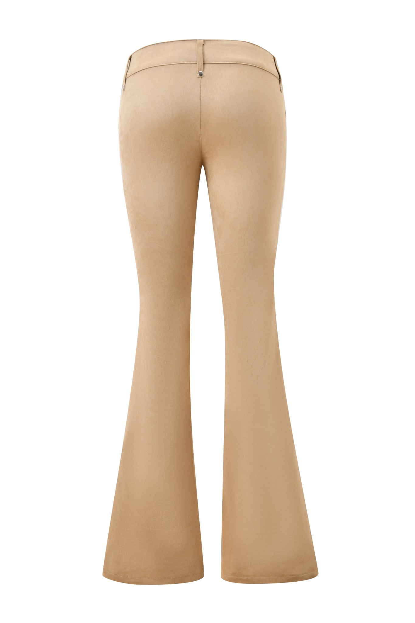 The XENIA SUEDE PANT - TAN by I.AM.GIA features a high waist, two back pockets, and wide flared legs in classic bell-bottom style, shown from the back against a white background.