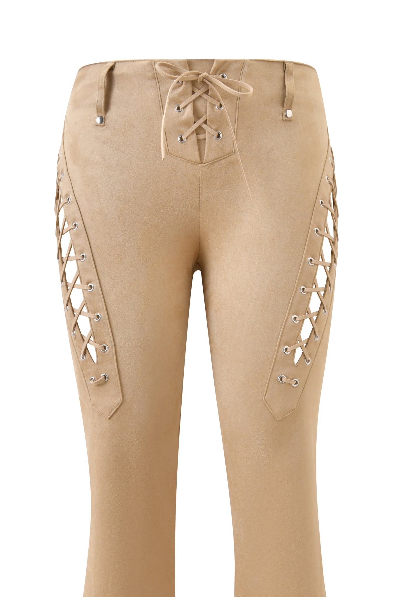 The XENIA SUEDE PANT - TAN by I.AM.GIA features a fitted high-waist, lace-up front with metal eyelets, crisscross lace-up thigh detailing, and a trendy flared leg in beige faux suede.