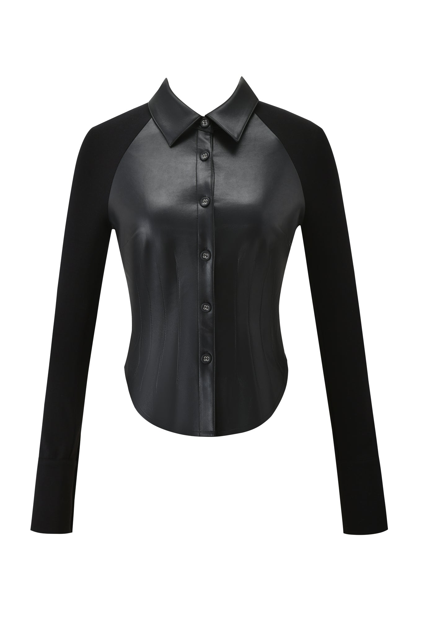 The HELIX TOP - BLACK by I.AM.GIA features a bodycon fit, collared neckline, and button-up front. Made from faux leather with long sleeves and back in soft contrast fabric for comfort and style.