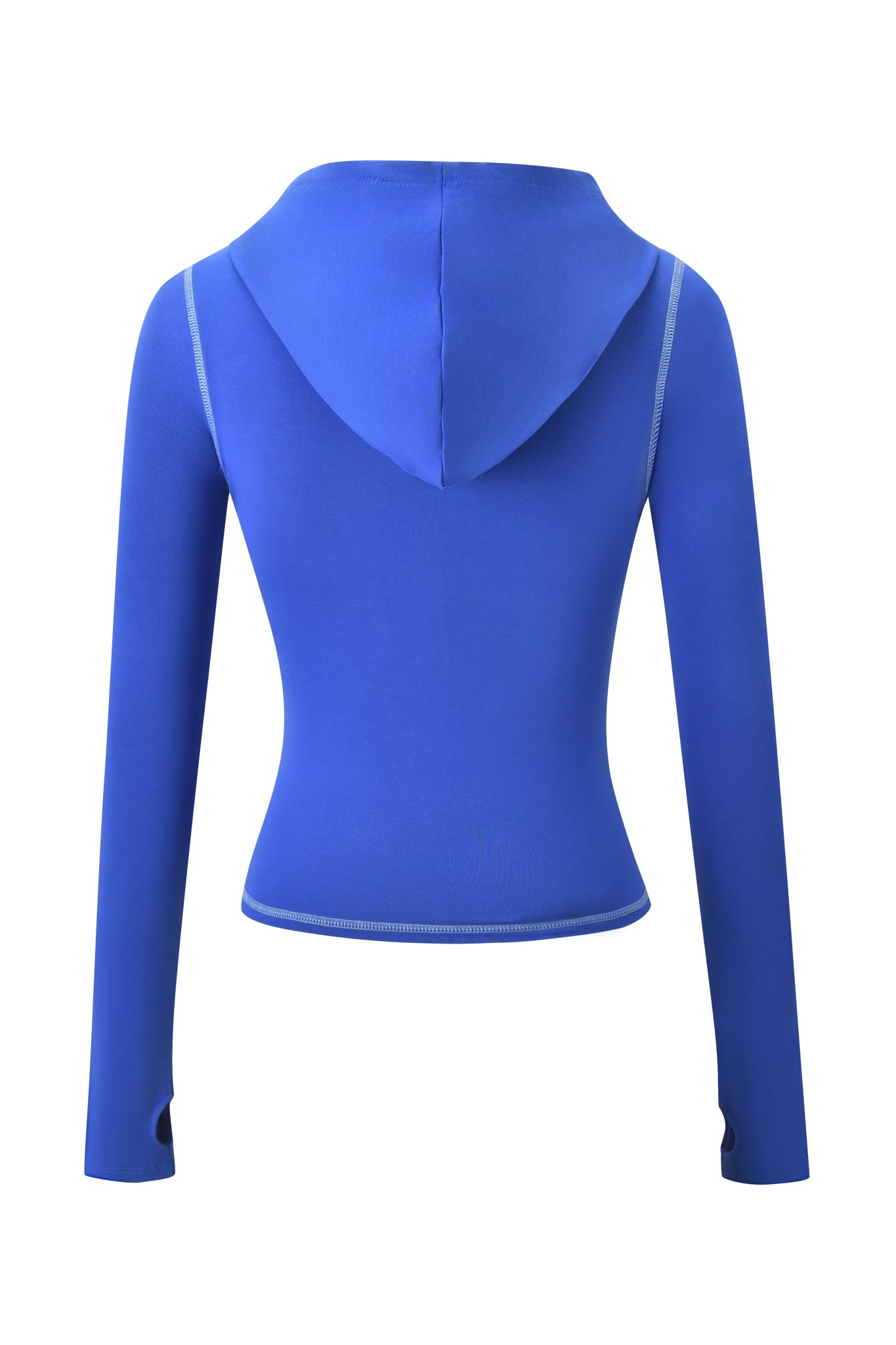 The I.AM.GIA BLARE FORM POCKET HOODIE - COBALT FOIL features a cobalt blue bodycon fit, zip-up front, long sleeves with thumb holes, and white contrast stitching, shown from the back against a white background.