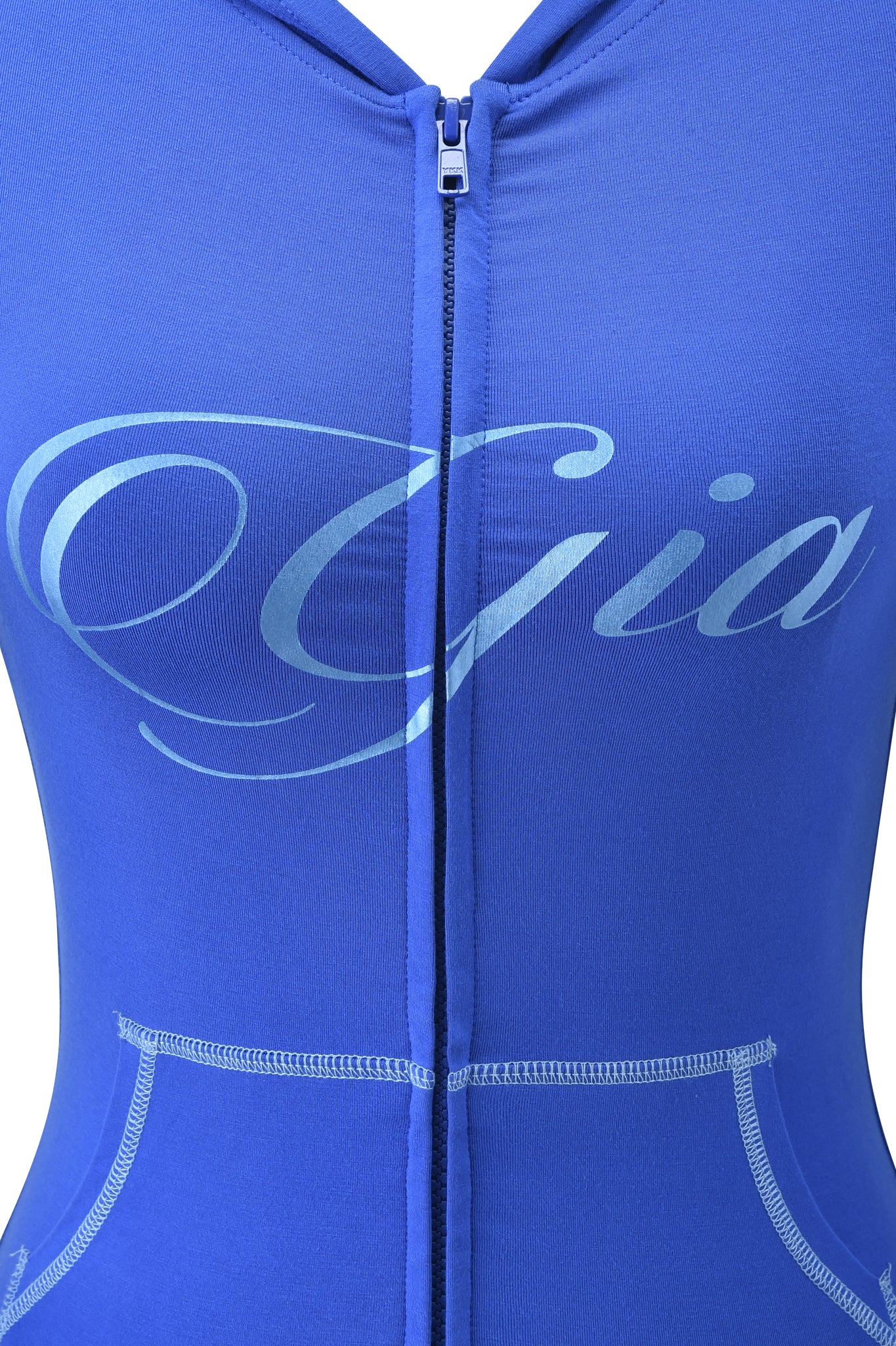 A close-up of the BLARE FORM POCKET HOODIE - COBALT FOIL by I.AM.GIA.