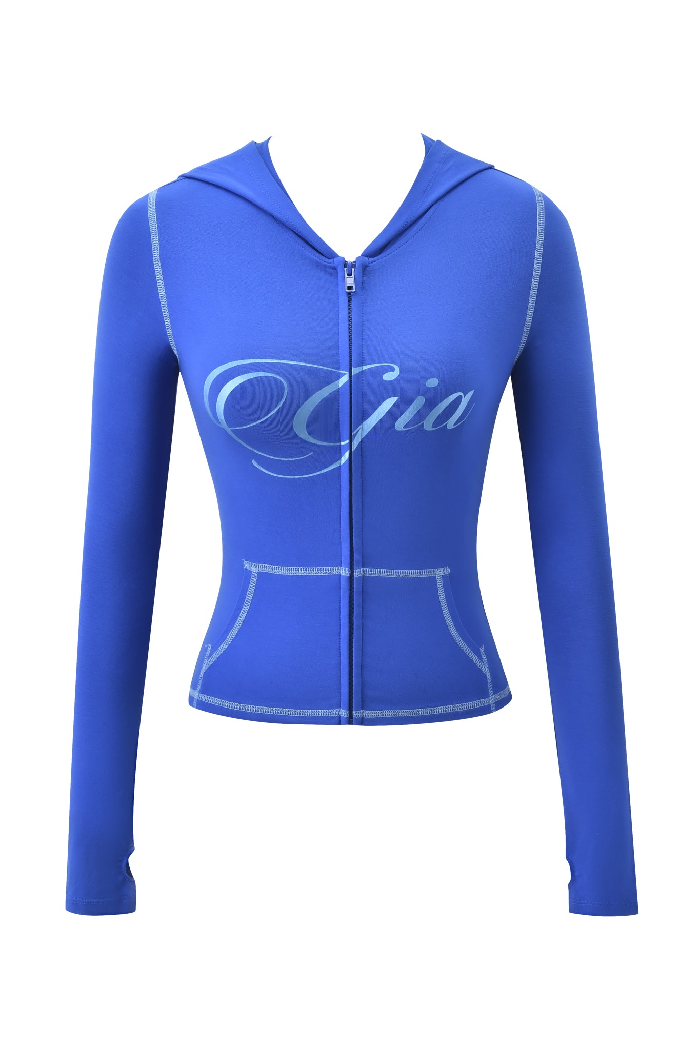 The BLARE FORM POCKET HOODIE - COBALT FOIL by I.AM.GIA features a fitted silhouette, white stitching, and "Gia" script on the chest—a stylish cobalt blue zip-up that elevates any wardrobe.