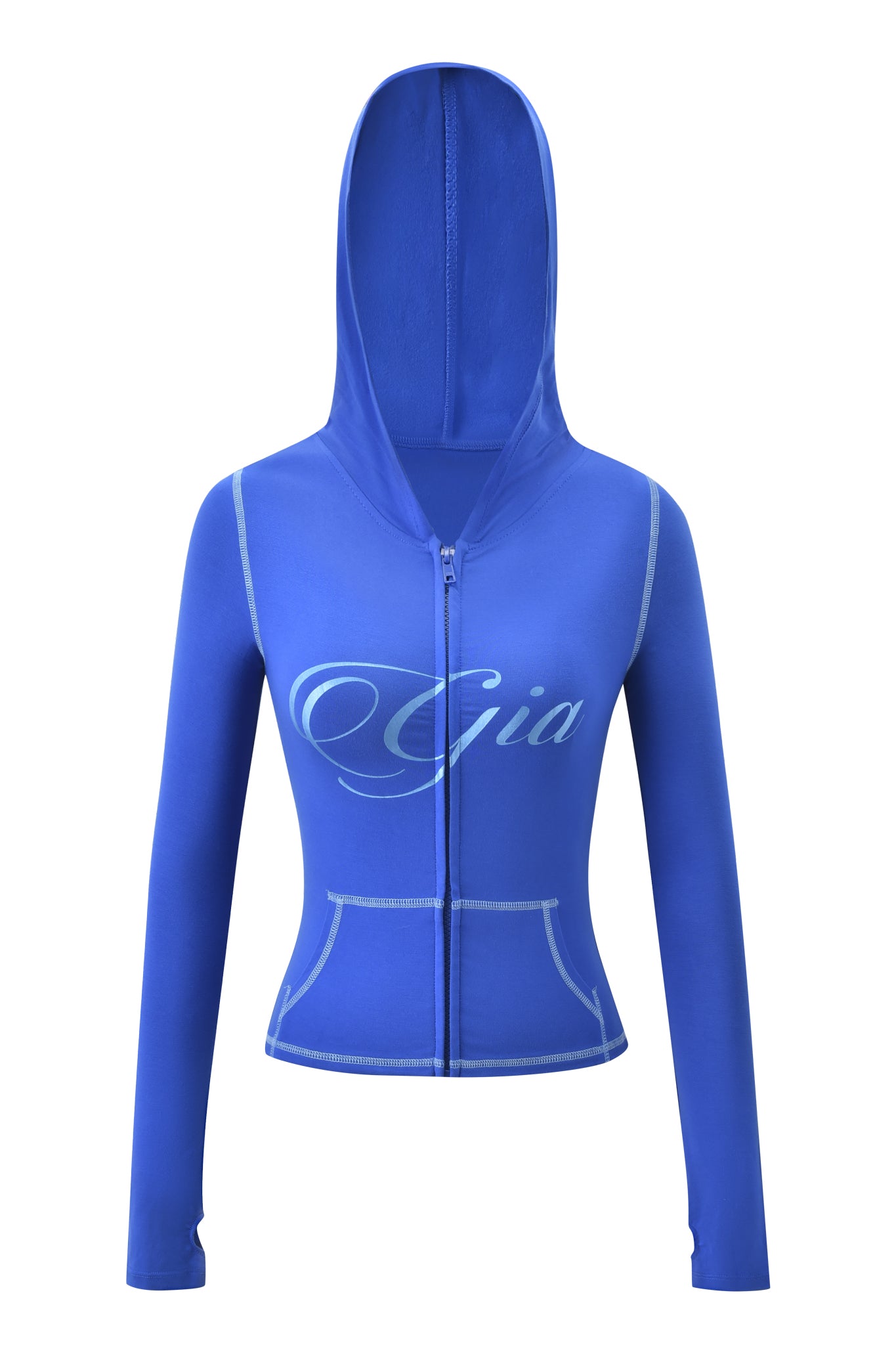 The I.AM.GIA BLARE FORM POCKET HOODIE - COBALT FOIL is a cobalt blue zip-up hoodie featuring long sleeves, front pockets, bold white stitching, and "Gia" in script across the chest. The hood is up, displayed on a plain white background.
