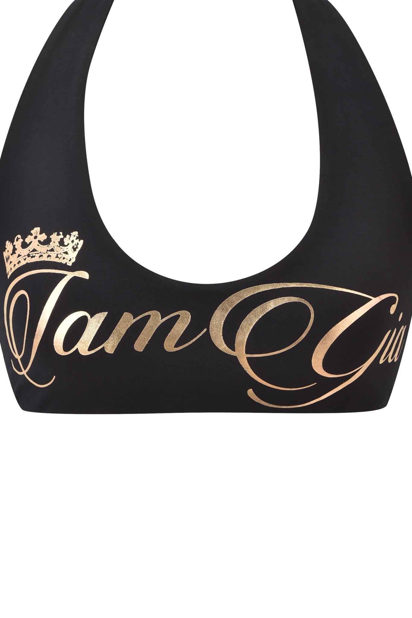 The I.AM.GIA BLARE FORM HALTER CROP TOP in black and gold features shiny gold "I am Gia" cursive lettering with a crown icon above the “I” and offers a sporty, body-hugging fit that accentuates your shape.