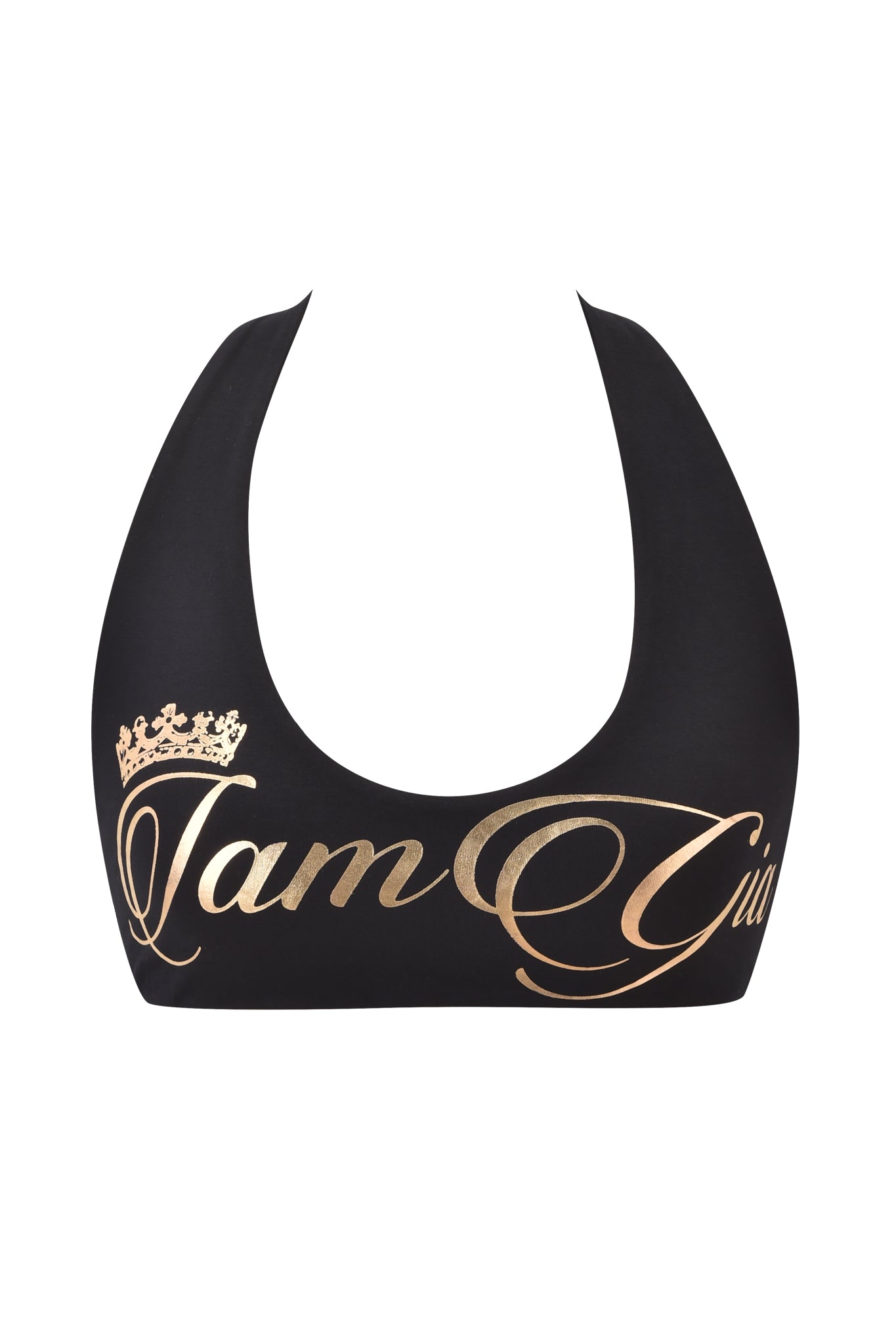 The I.AM.GIA BLARE FORM HALTER CROP TOP in black bamboo features body-hugging fit, gold "I am" script with a crown above the "I," and partially visible text cut off on the right side.