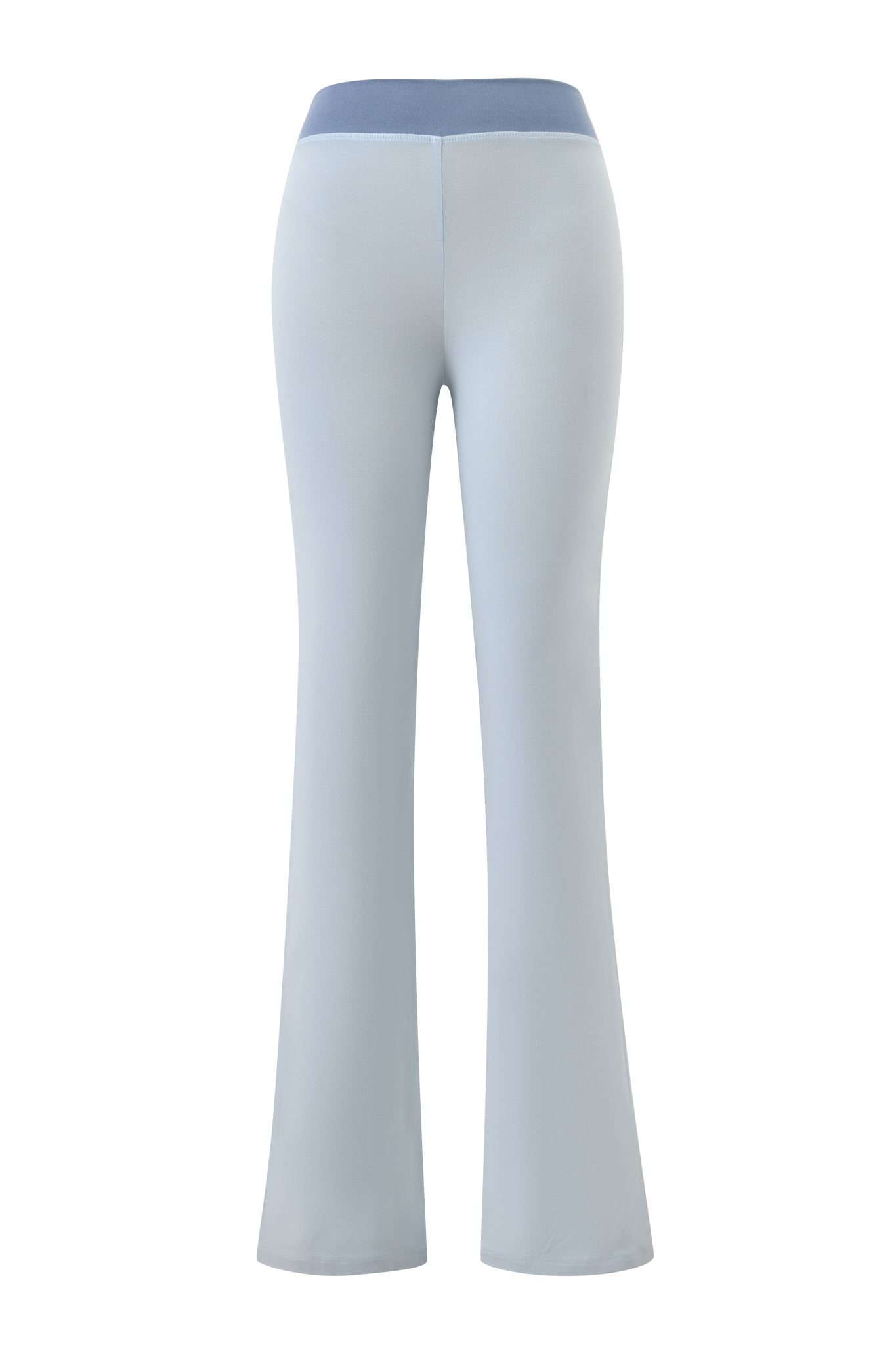 The BLARE LOWER RISE TRACKPANT - TWO TONE POWDER BLUE by I.AM.GIA is a sporty, light blue trackpant with a wide, darker blue waistband, showcased from the back against a plain white background.