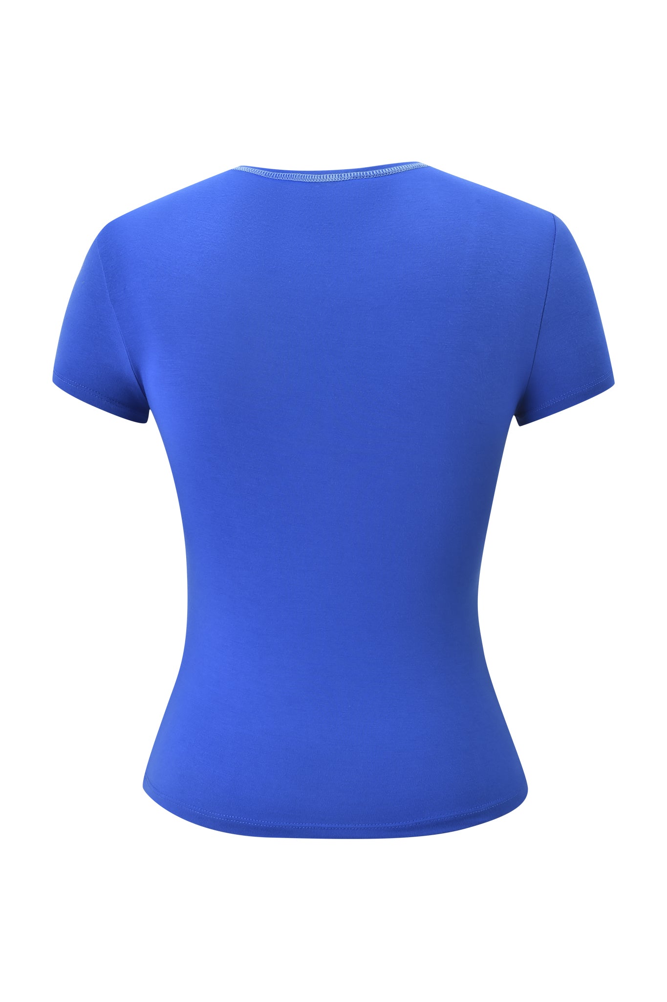 The I.AM.GIA BLARE FORM TEE - COBALT FOIL is a plain, cobalt blue, short-sleeve, body-hugging t-shirt shown from the back against a white background.