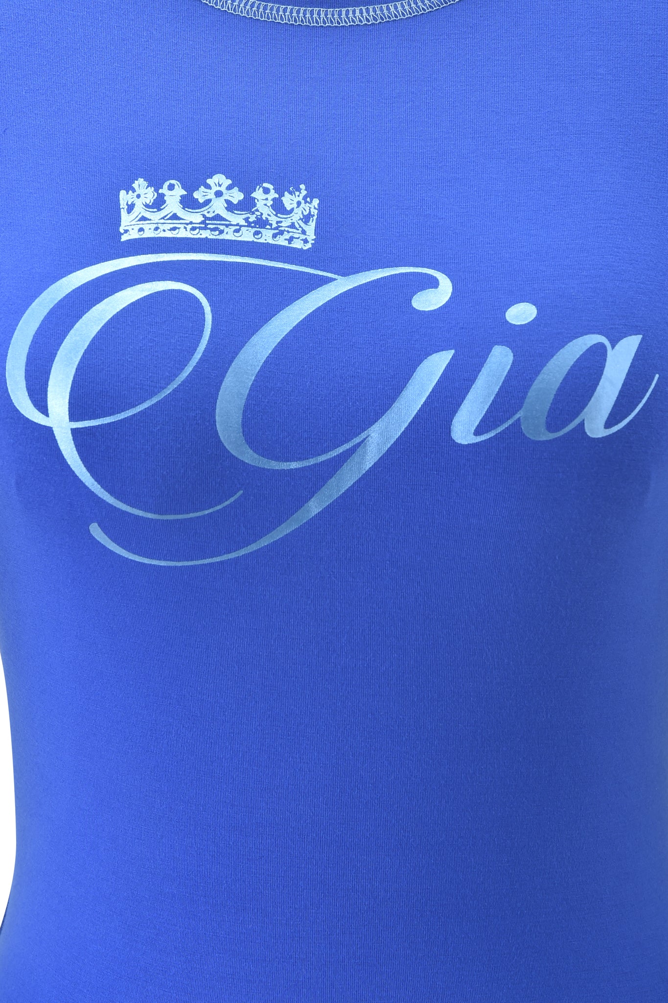 A close-up of the I.AM.GIA BLARE FORM TEE - COBALT FOIL, showcasing its body-hugging fit in a striking cobalt blue.