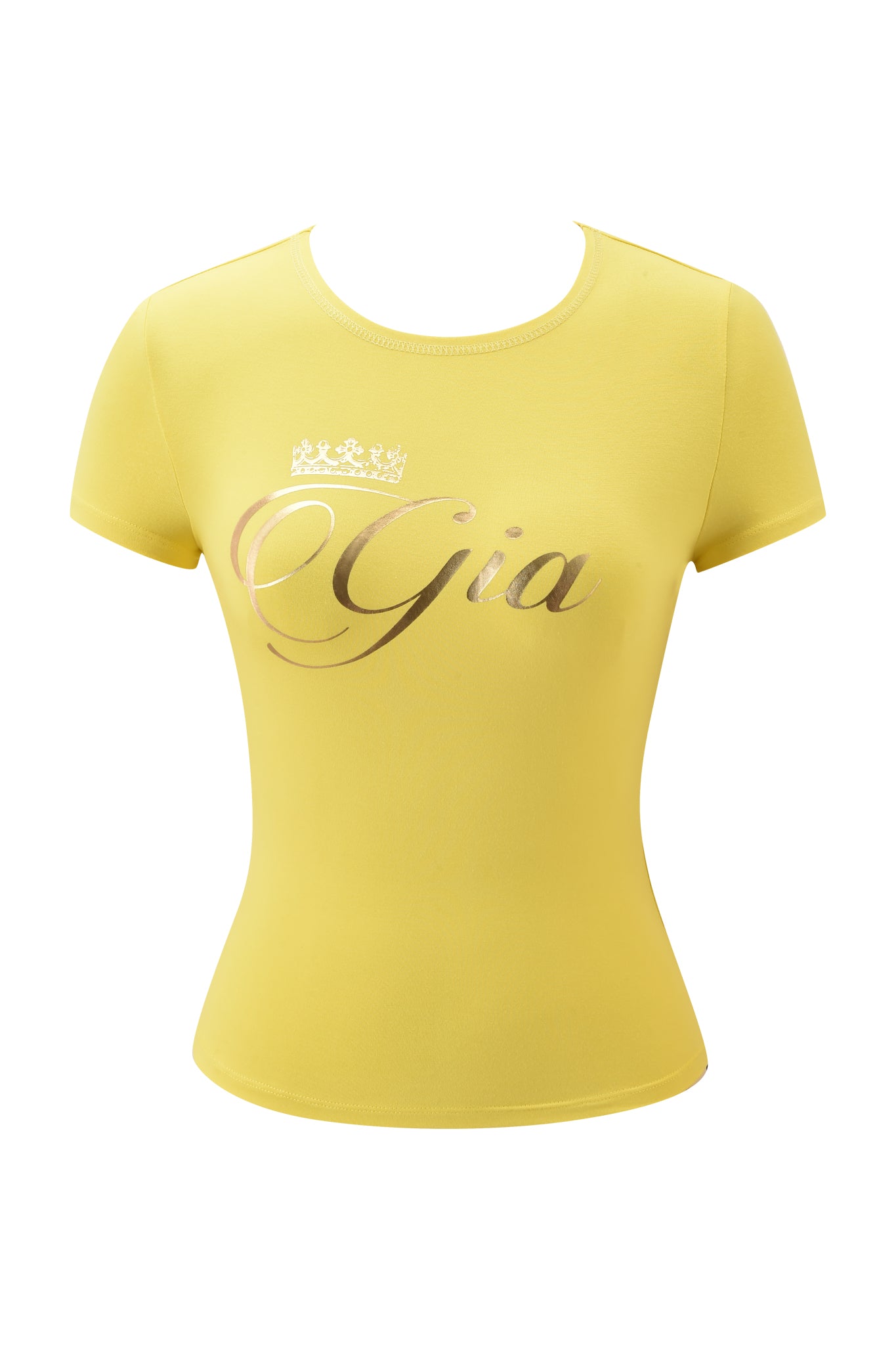 The BLARE FORM TEE by I.AM.GIA is a yellow, bodycon baby tee with "Gia" and a small crown in shiny gold foil on the front. This fitted, short-sleeve t-shirt is shown against a plain white background.