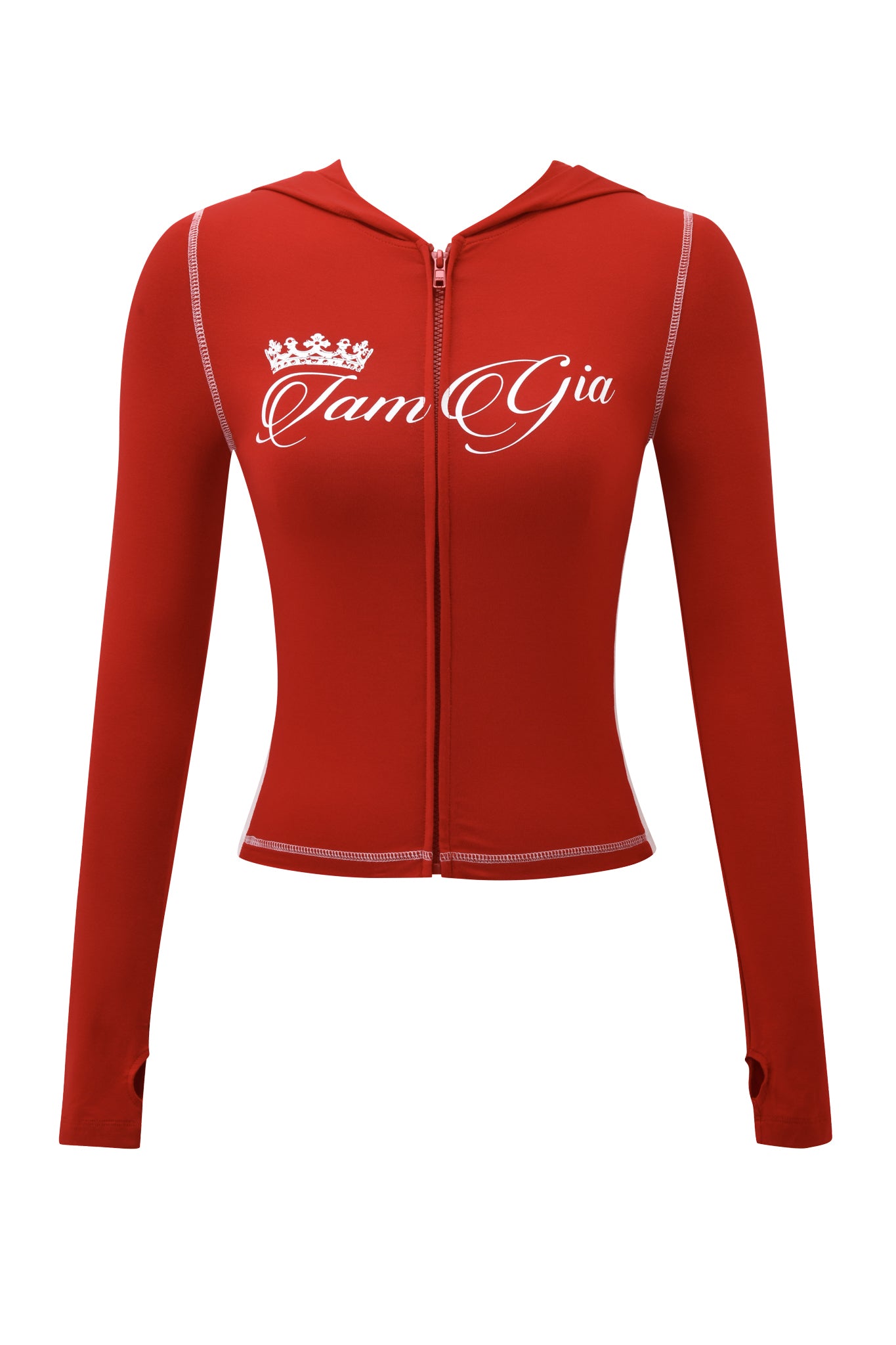 The BLARE PANELLED HOODIE - RED by I.AM.GIA is a fitted, long-sleeve hoodie with a front zipper, white "TamGia" text and crown graphic on the chest, thumb holes, white seam stitching, and sporty comfort.