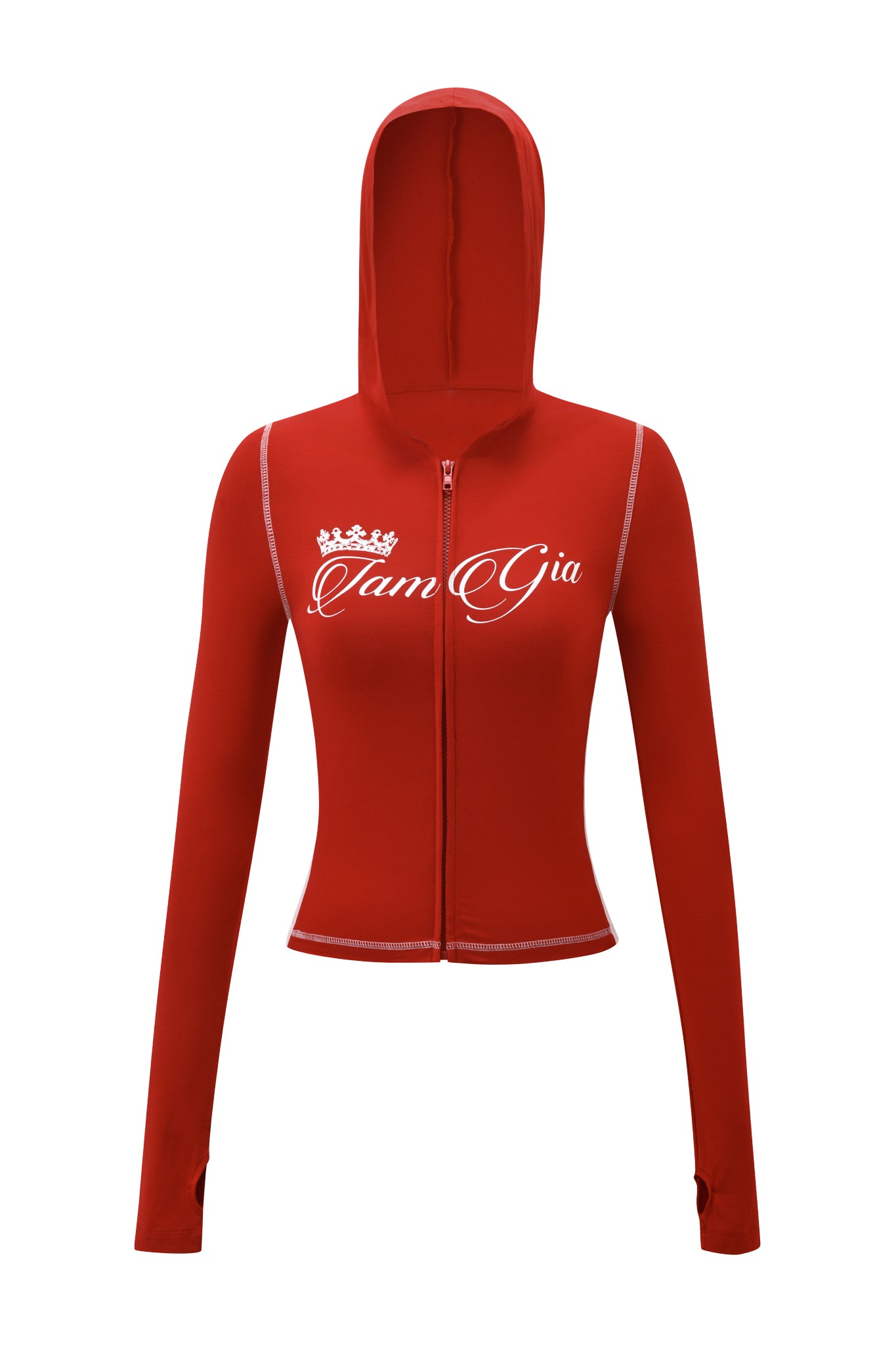 The BLARE PANELLED HOODIE - RED by I.AM.GIA is a fitted, long-sleeve sporty hoodie with white stitching, thumb holes, front hood, and a bold chest logo with crown graphic for an athletic look.