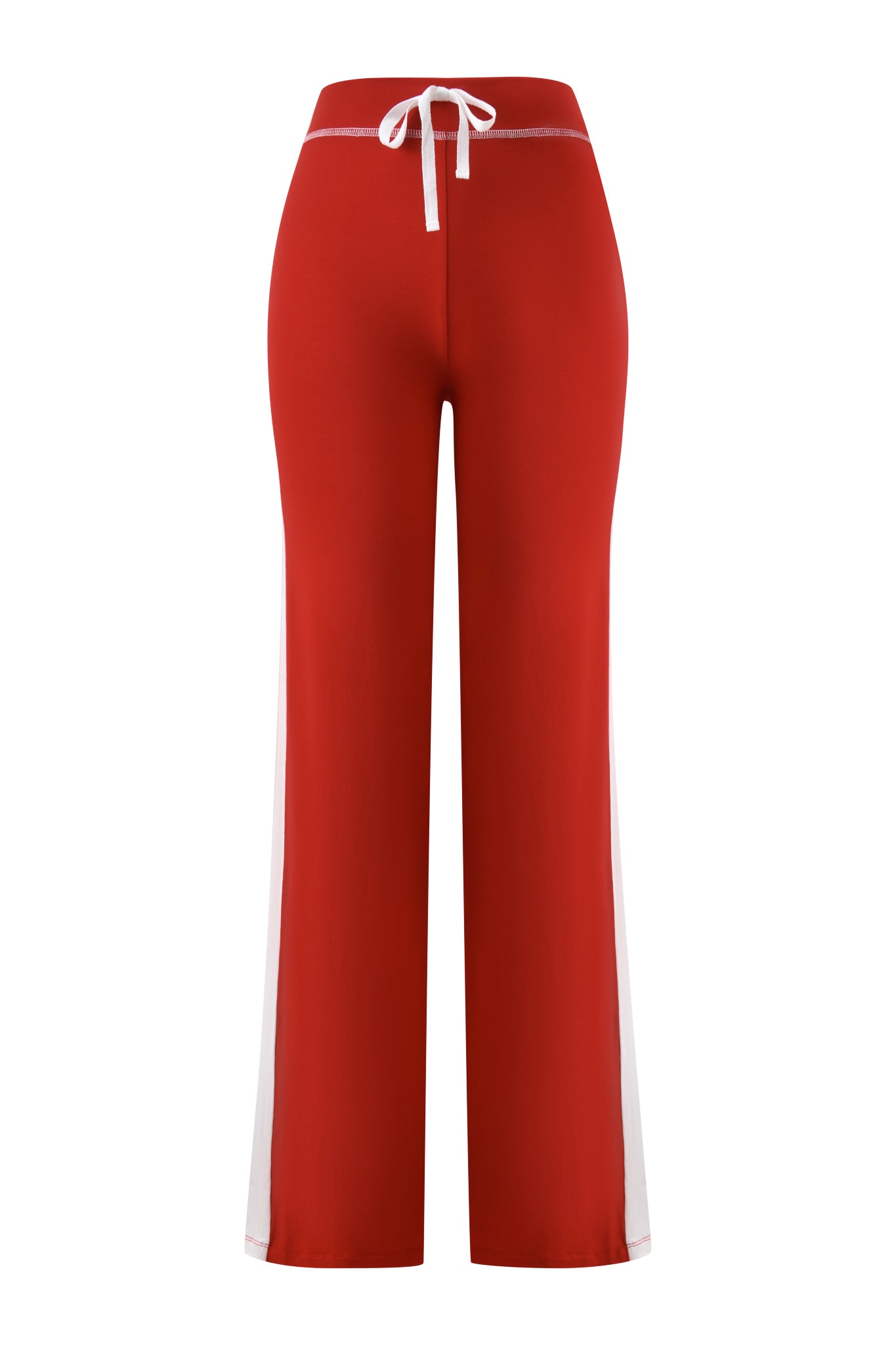 The I.AM.GIA BLARE PANELLED TRACKPANT in red is a sporty, high-waisted trackpant with white side stripes and a white drawstring at the waist, showcased on a plain white background.