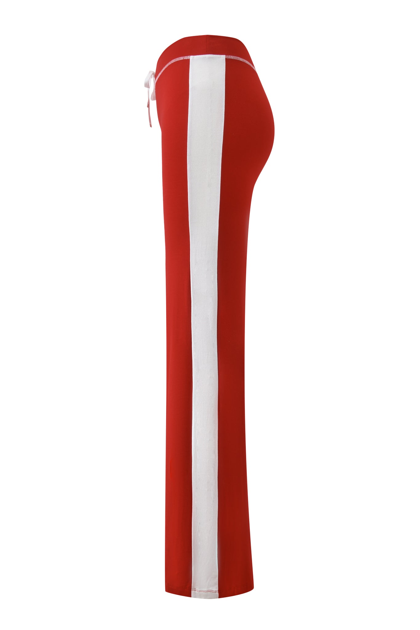 The BLARE PANELLED TRACKPANT - RED by I.AM.GIA is a high-waisted bamboo trackpant with a bold white side stripe, drawstring waistband, and flattering straight leg design.