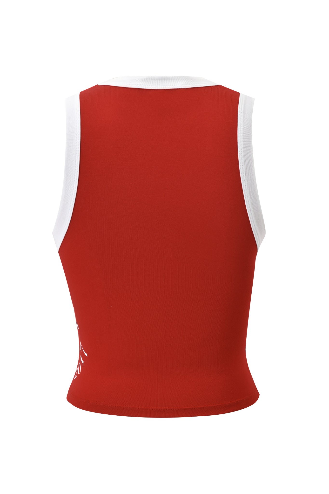 The I.AM.GIA BLARE BIND TANK - RED is a sleeveless sporty top featuring white trim at the armholes and neckline, displayed from the back against a plain white background.