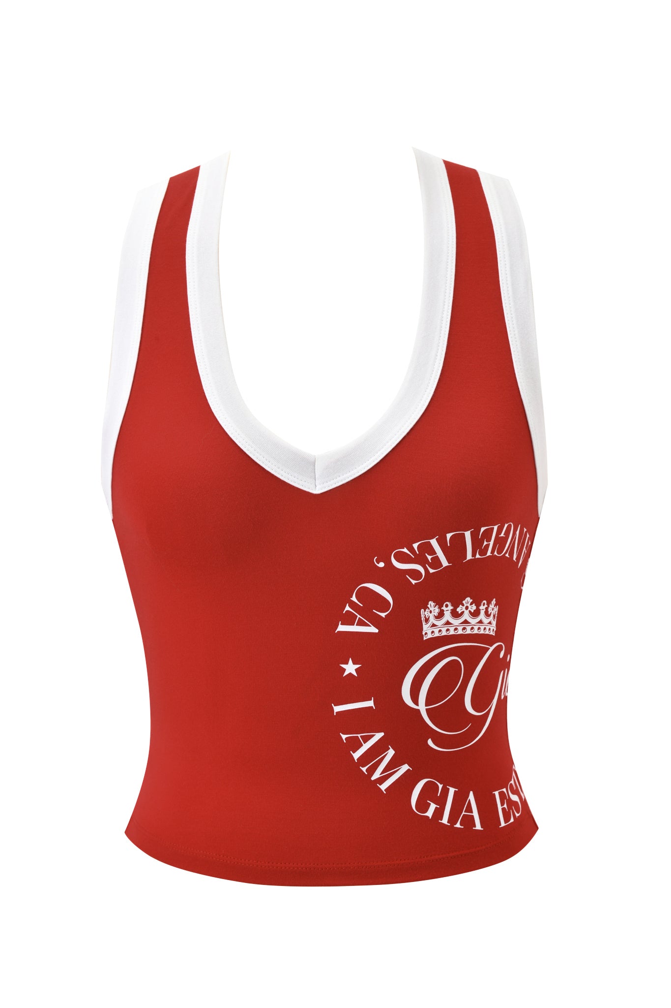 The BLARE BIND TANK - RED by I.AM.GIA is a sporty sleeveless crop top featuring a deep V-neck with white trim and circular "I AM GIA EST. 2017 LOS ANGELES, CA" text with a crown graphic on the front.