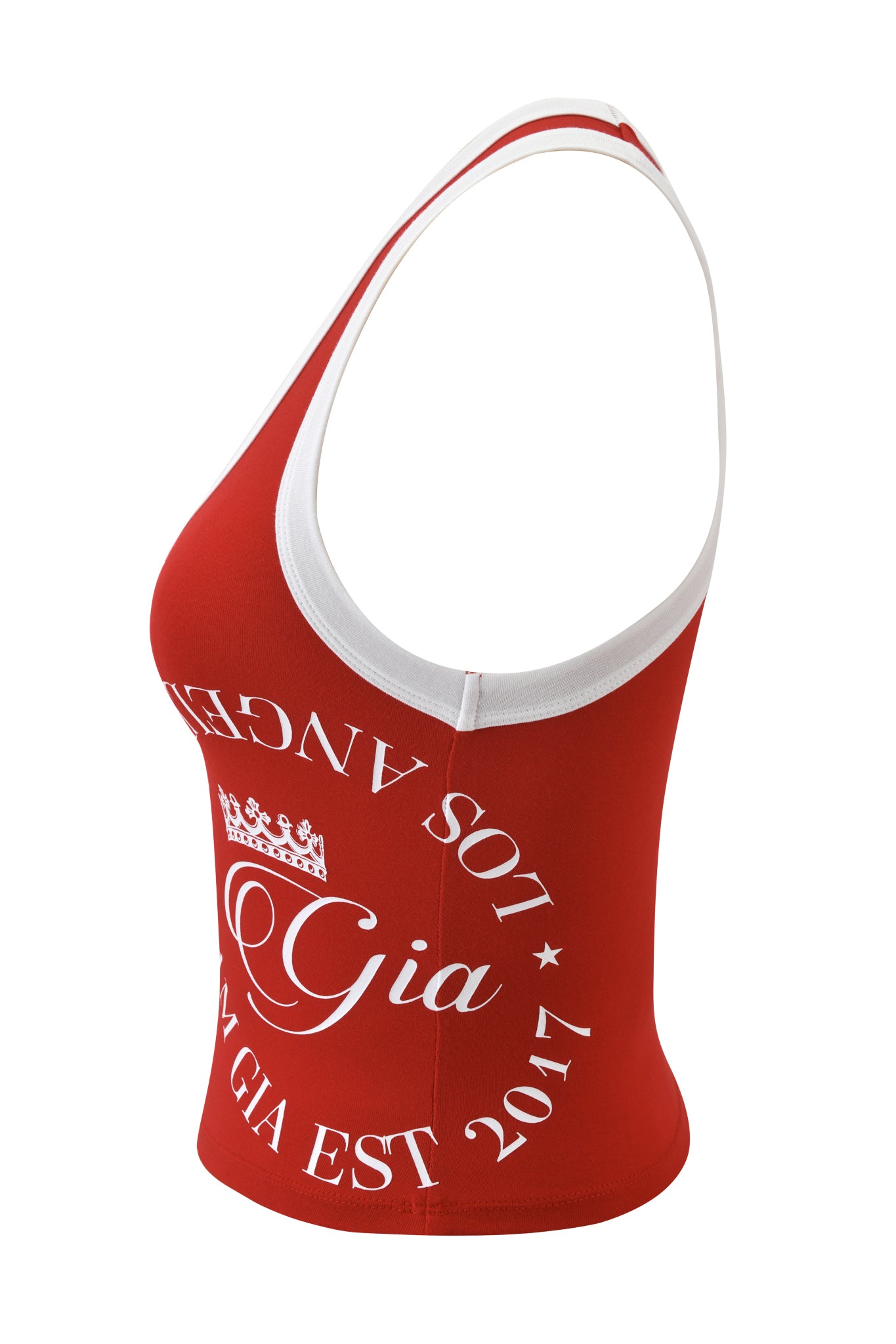 The BLARE BIND TANK - RED by I.AM.GIA is a sleeveless, bodycon crop top with a sporty red and white design, scoop neckline, “Los Angeles” and “Gia EST 2017” print, plus a crown graphic.