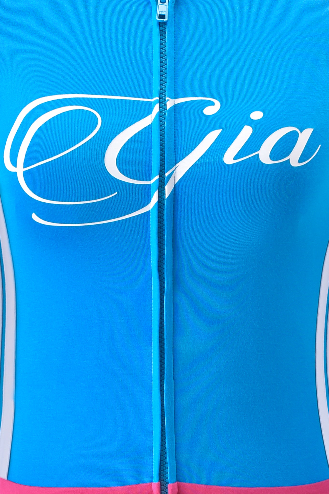 Close-up of the BLARE STRIPED HOODIE - SKY BLUE by I.AM.GIA, a buttery-soft viscose zip-up with "Gia" in white cursive on the chest and pink and white panels at the bottom and sides.