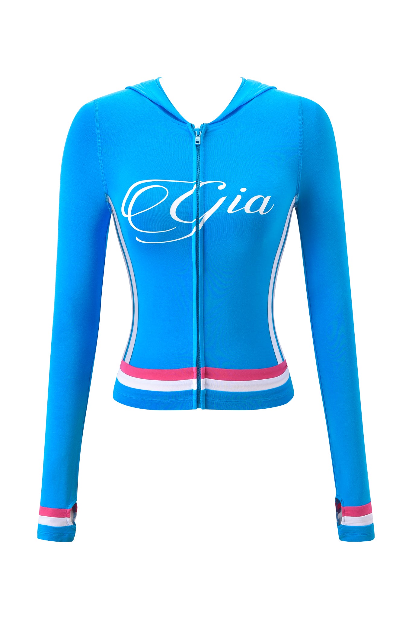 The BLARE STRIPED HOODIE - SKY BLUE by I.AM.GIA is a long-sleeve, buttery-soft viscose hoodie featuring "Gia" in white script on the chest and pink and white striped cuffs and waistband.