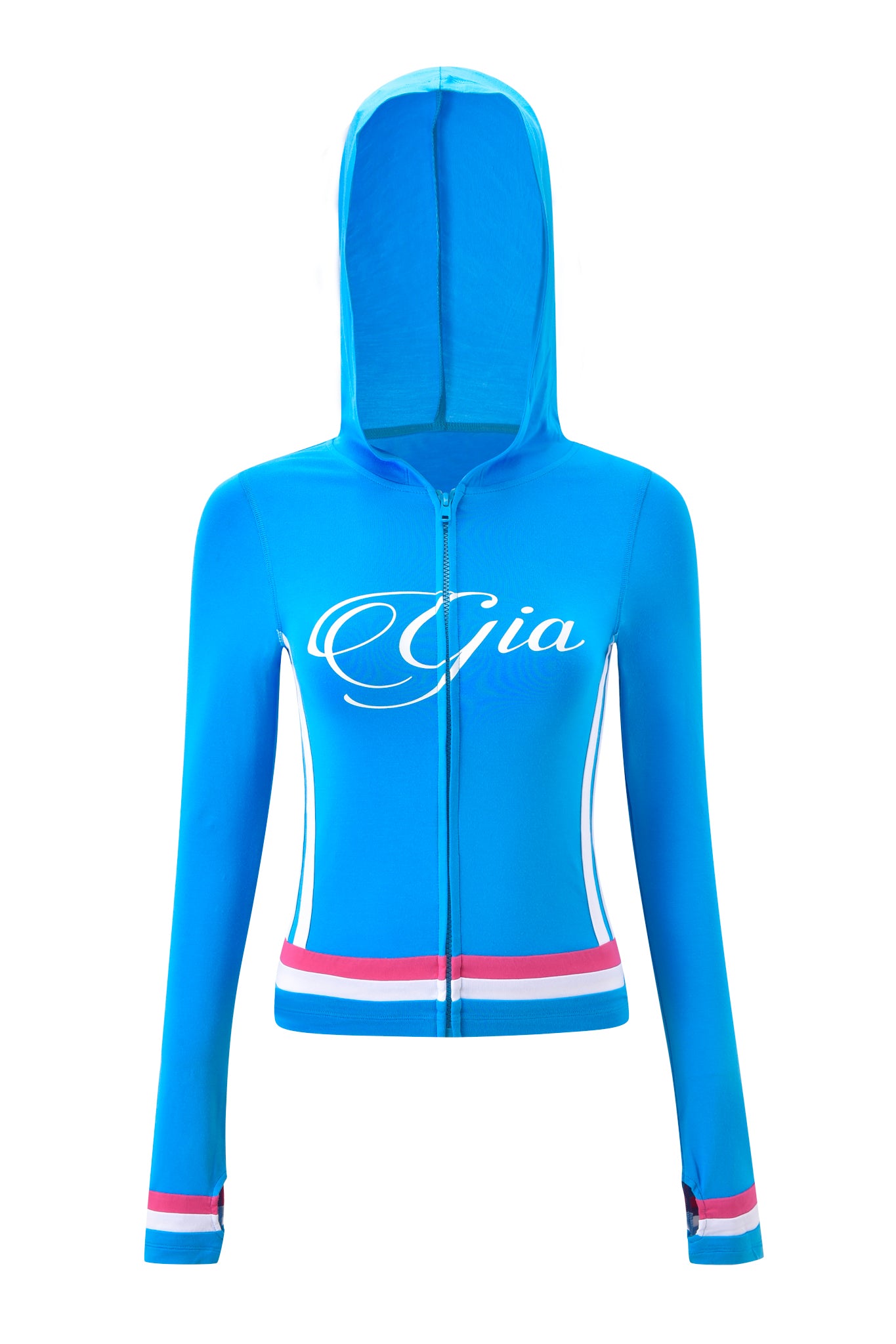 The I.AM.GIA BLARE STRIPED HOODIE in sky blue features a zip-up front, hood, pink and white striped cuffs and waistband, and "Gia" in white script on the chest. Crafted from buttery-soft viscose for ultimate comfort.