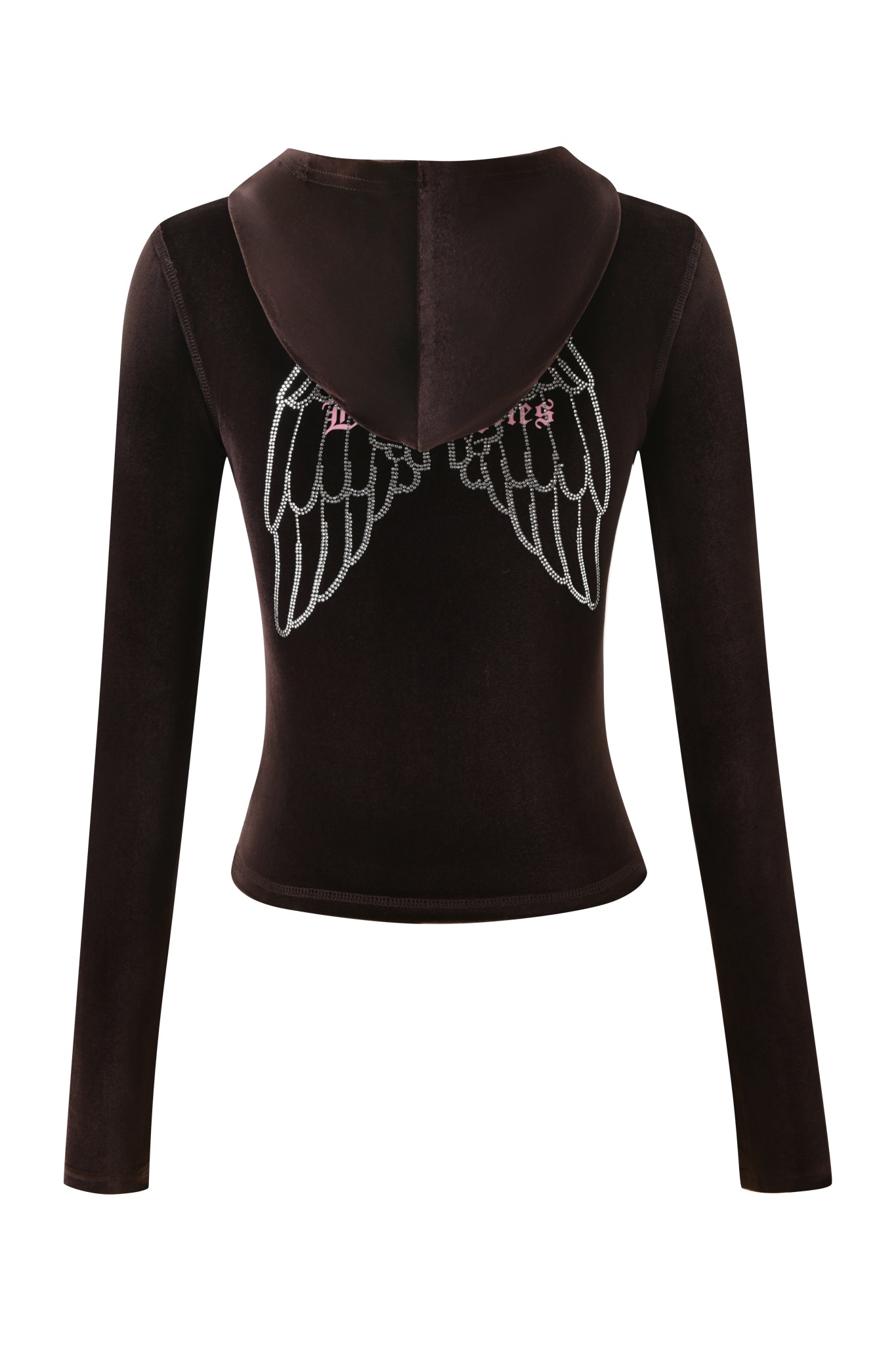 The BLARE VELOUR POCKET HOODIE in chocolate by I.AM.GIA is a black, long-sleeve, hooded crop top with white embroidered angel wings and a pink GIA logo on the back, shown against a plain white background.