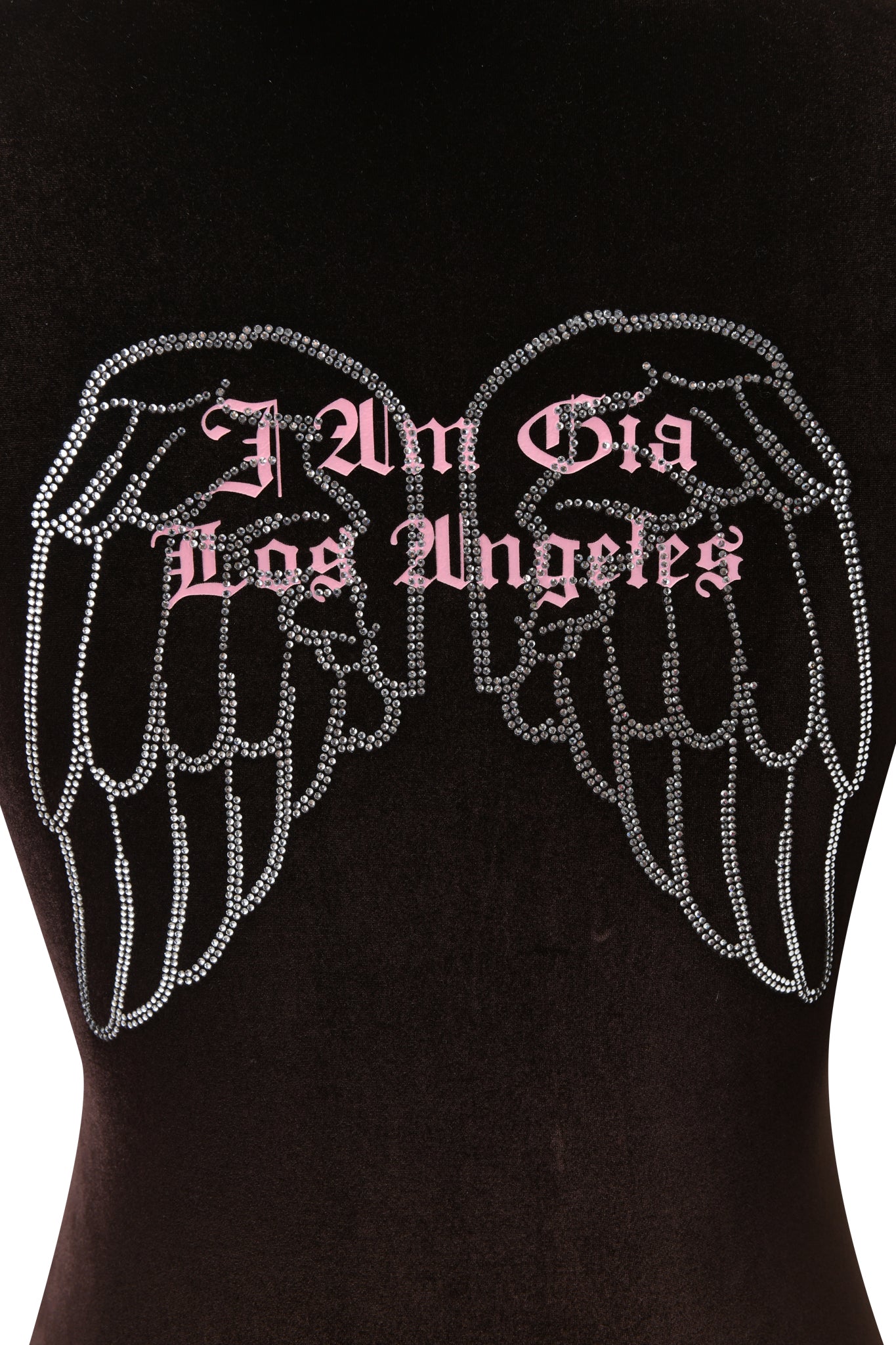 The BLARE VELOUR POCKET HOODIE in chocolate by I.AM.GIA features diamanté angel wings and pink Gothic "I Am Gia Los Angeles" text across the back.