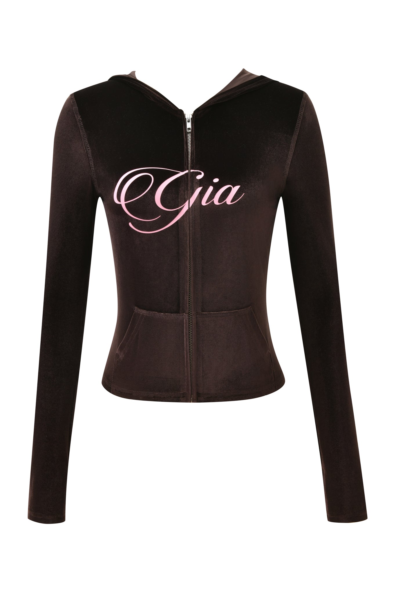 The I.AM.GIA BLARE VELOUR POCKET HOODIE in chocolate features long sleeves, a zip-up front, pink GIA script logo on the chest, diamanté angel wings detail on the back, and front pockets. Shown on a plain white background.