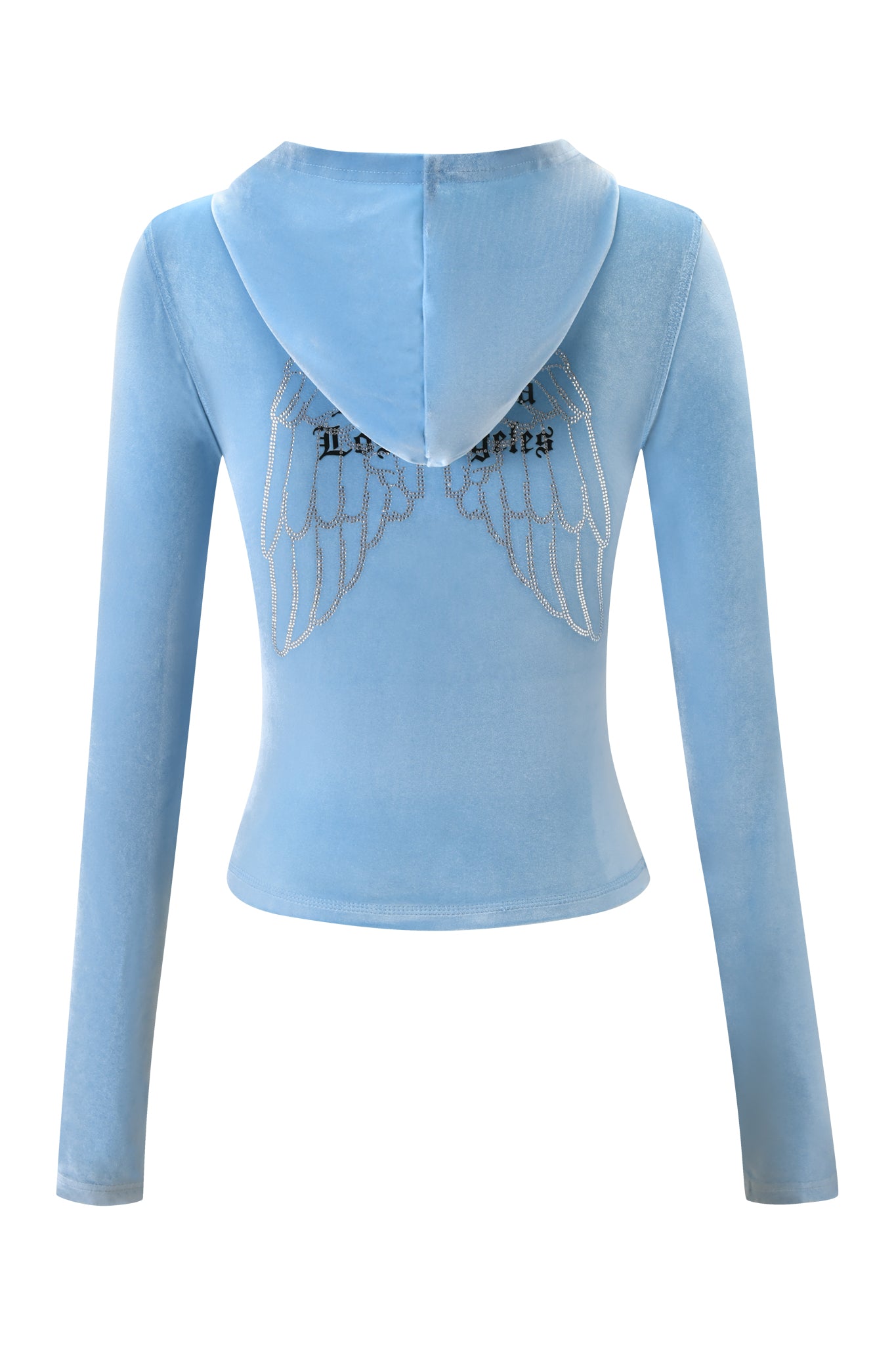 The BLARE VELOUR POCKET HOODIE in Ice Blue by I.AM.GIA is shown from the back, showcasing stunning diamanté angel wings and bold black text on the upper back.