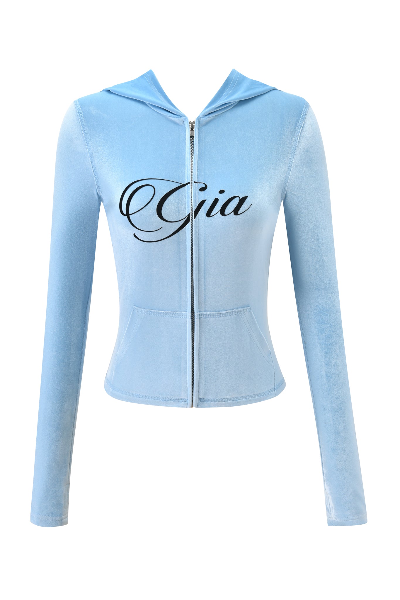 The BLARE VELOUR POCKET HOODIE in ice blue by I.AM.GIA features long sleeves, a fitted waist, soft velour fabric, and "Gia" in bold black script across the chest for signature style.