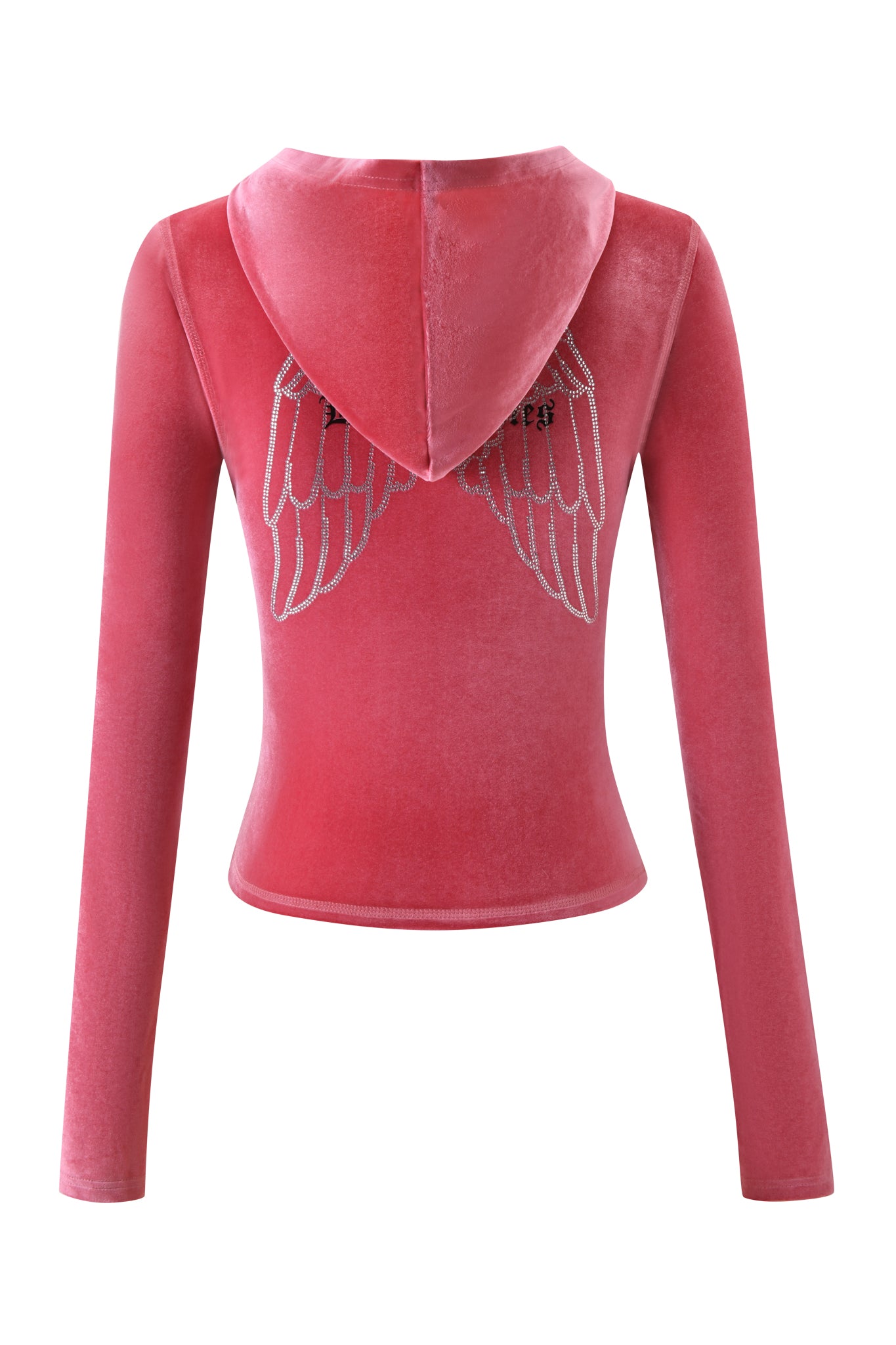 The I.AM.GIA BLARE VELOUR POCKET HOODIE in pink features long sleeves, a fitted cropped style, and sparkling diamanté angel wings on the back. Shown against a plain white background.