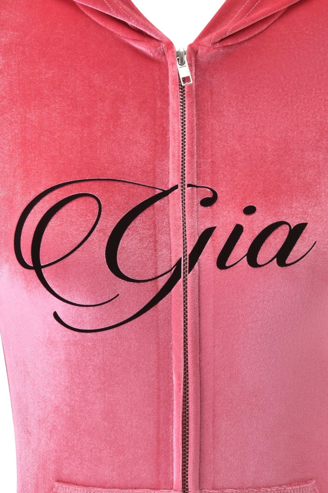 Close-up of the I.AM.GIA BLARE VELOUR POCKET HOODIE in pink, featuring "Gia" in bold black script across the chest, showcasing the brand’s signature style.