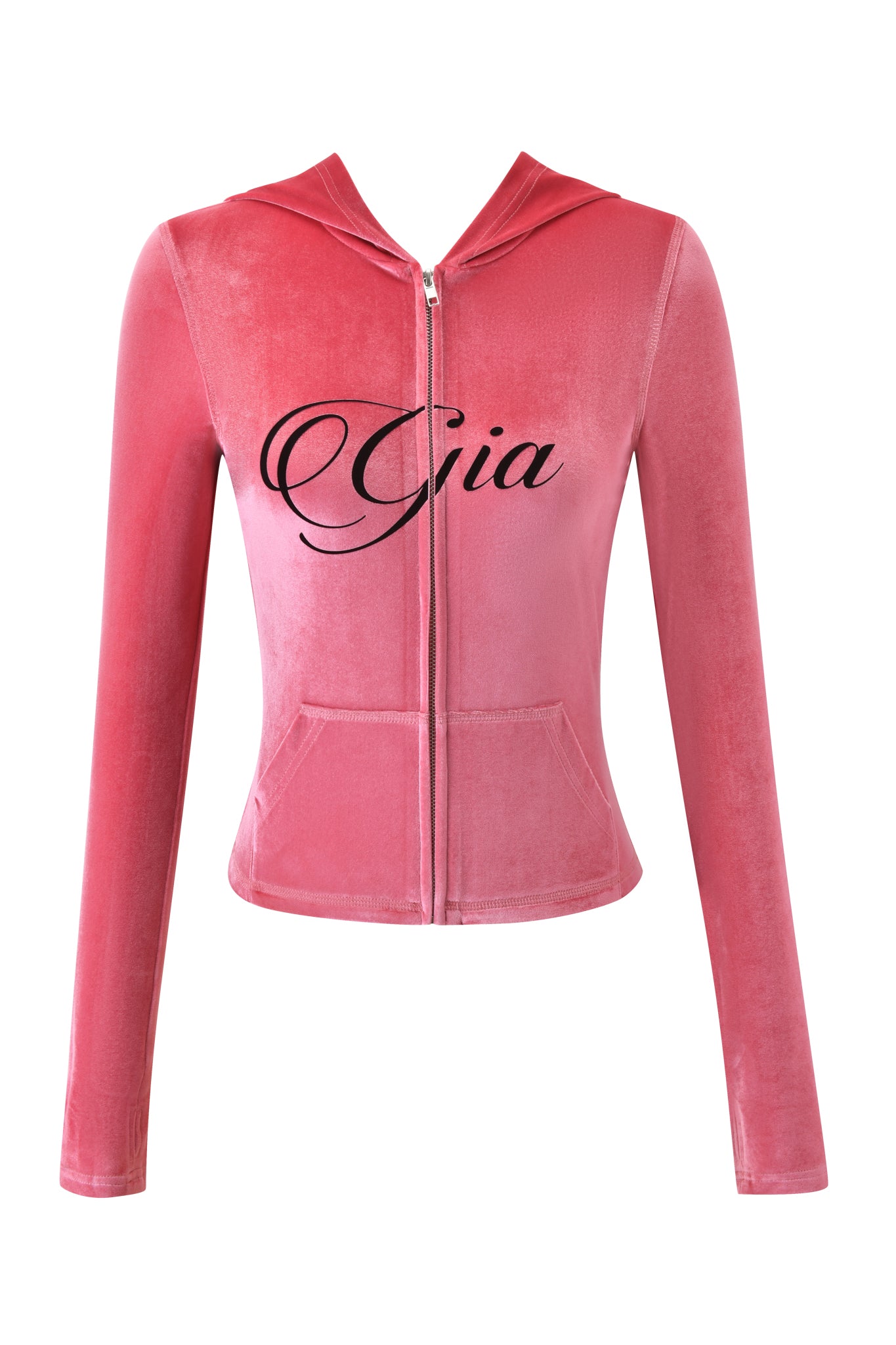 The BLARE VELOUR POCKET HOODIE in pink by I.AM.GIA features a hood, long sleeves, two front pockets, and "Gia" elegantly scripted in black across the chest.