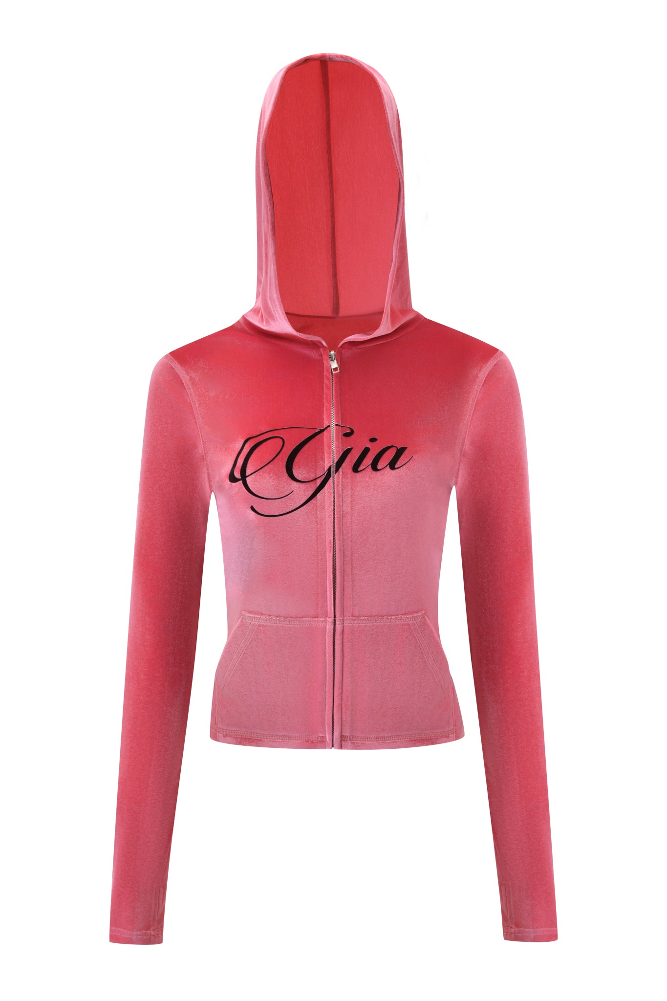 The I.AM.GIA BLARE VELOUR POCKET HOODIE in pink features a hood, front pockets, and "Gia" printed in black script across the chest.