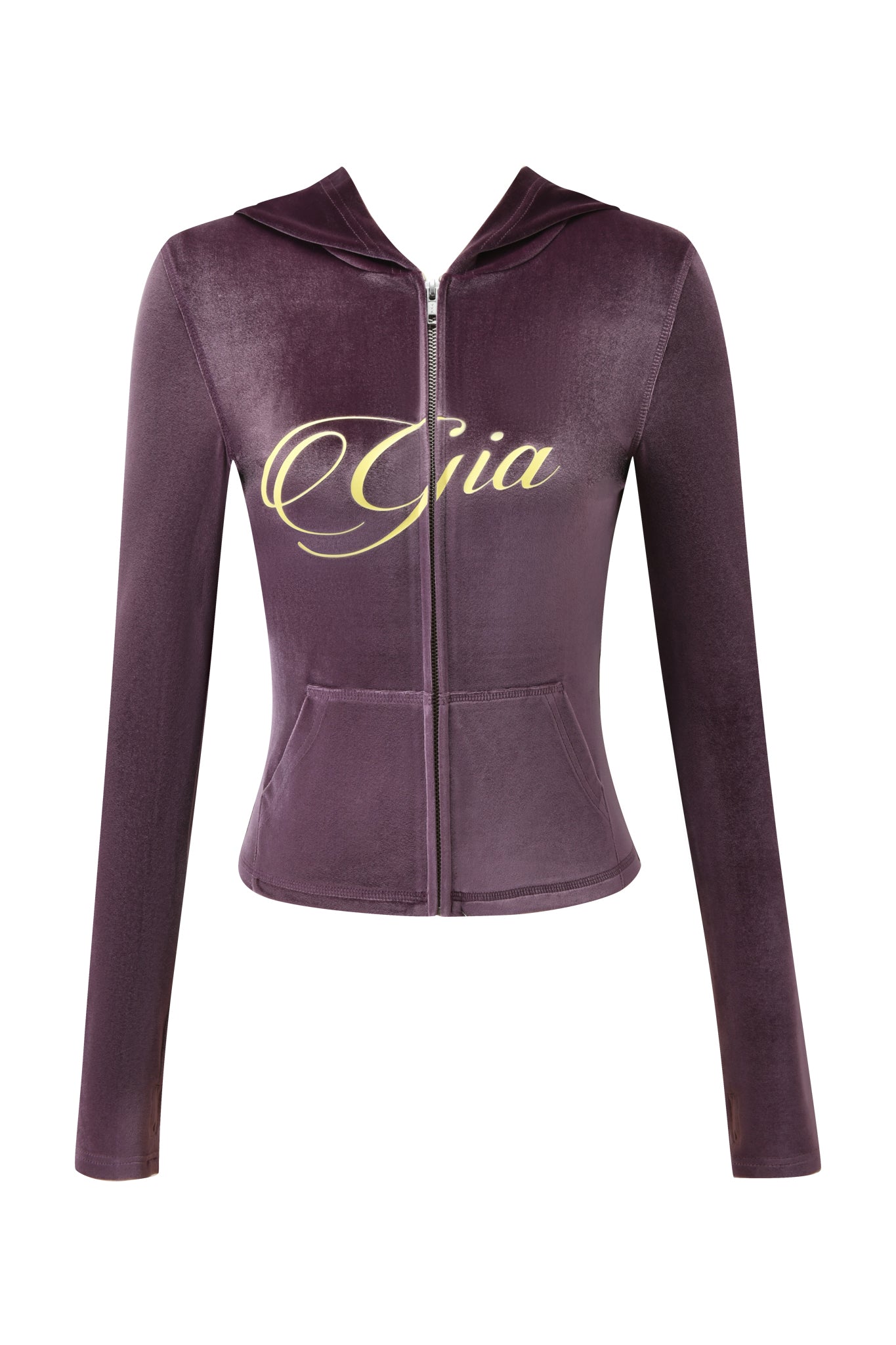 The I.AM.GIA BLARE VELOUR POCKET HOODIE in purple is a fitted, long-sleeve, zip-up style with a bold gold GIA script logo on the chest and delicate angel wings detail on the back.