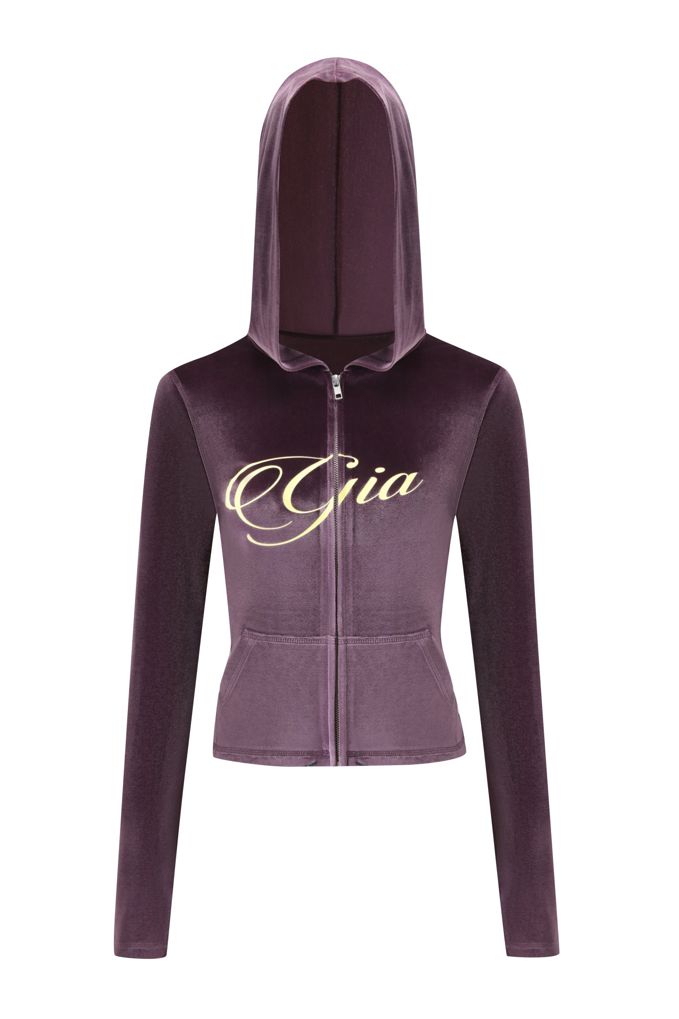 The BLARE VELOUR POCKET HOODIE - PURPLE by I.AM.GIA features a zip-up front, hood, long sleeves, angel wings on the back, and "Gia" in gold script logo across the chest.