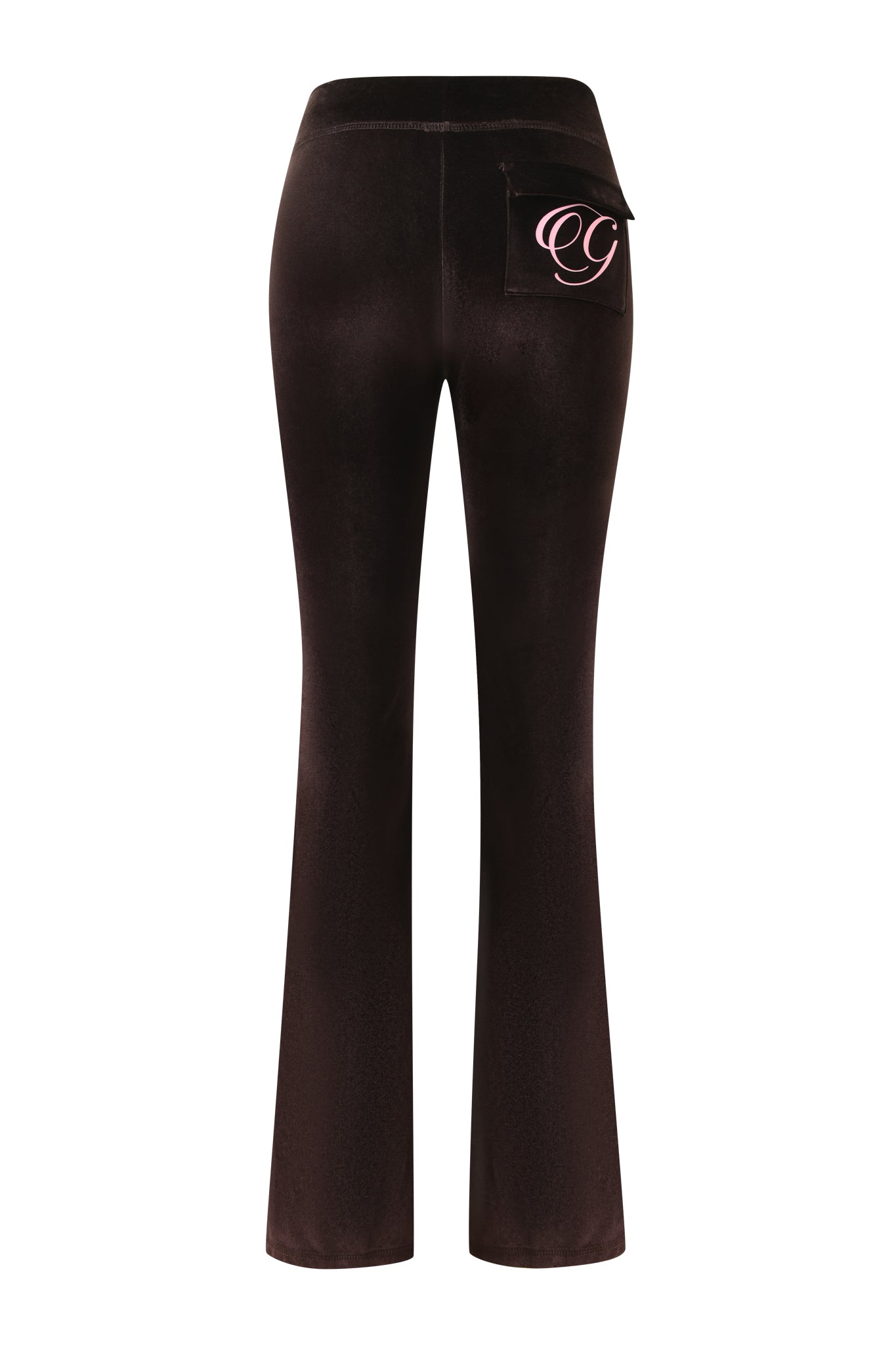 Back view of the BLARE VELOUR POCKET TRACKPANT in chocolate by I.AM.GIA, featuring a flared leg, sculpted fit, single right back pocket with pink cursive “CG” logo—reflecting the brand's bold style.