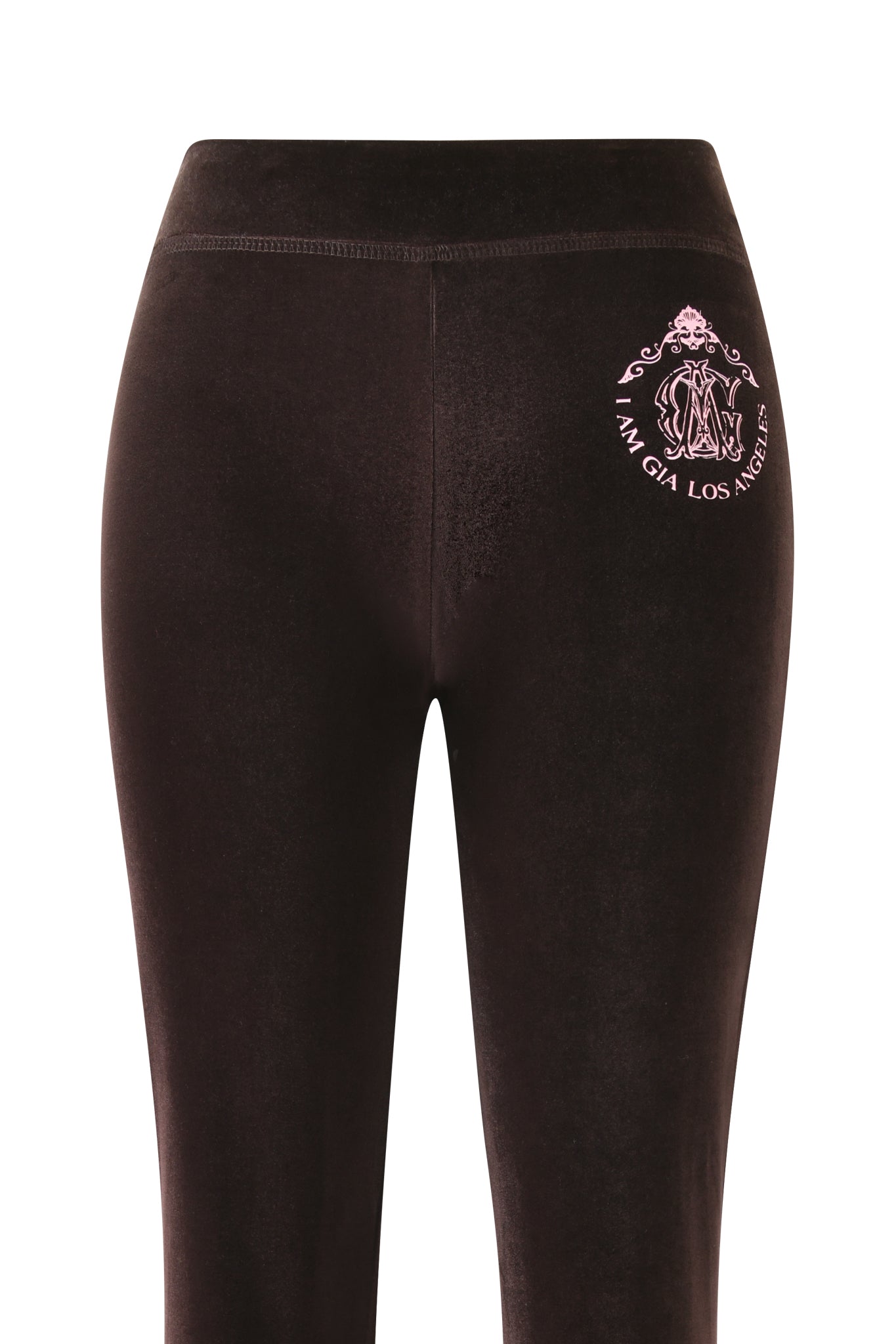 The BLARE VELOUR POCKET TRACKPANT in chocolate by I.AM.GIA features a sculpted fit and bold style, inspired by the brand’s signature designs.