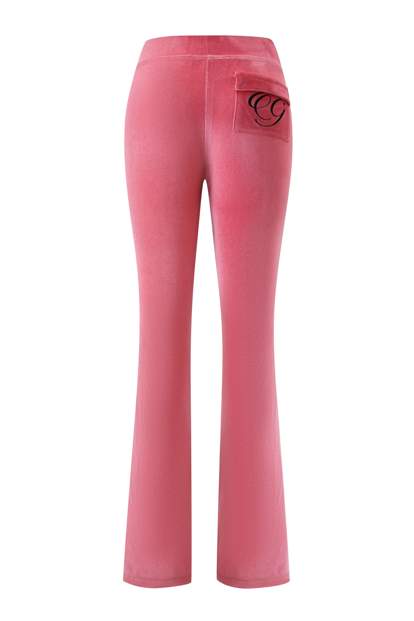 Back view of BLARE VELOUR POCKET TRACKPANT - PINK by I.AM.GIA, featuring a mid-rise waist, flared leg, and right back pocket with black GIA script logo.