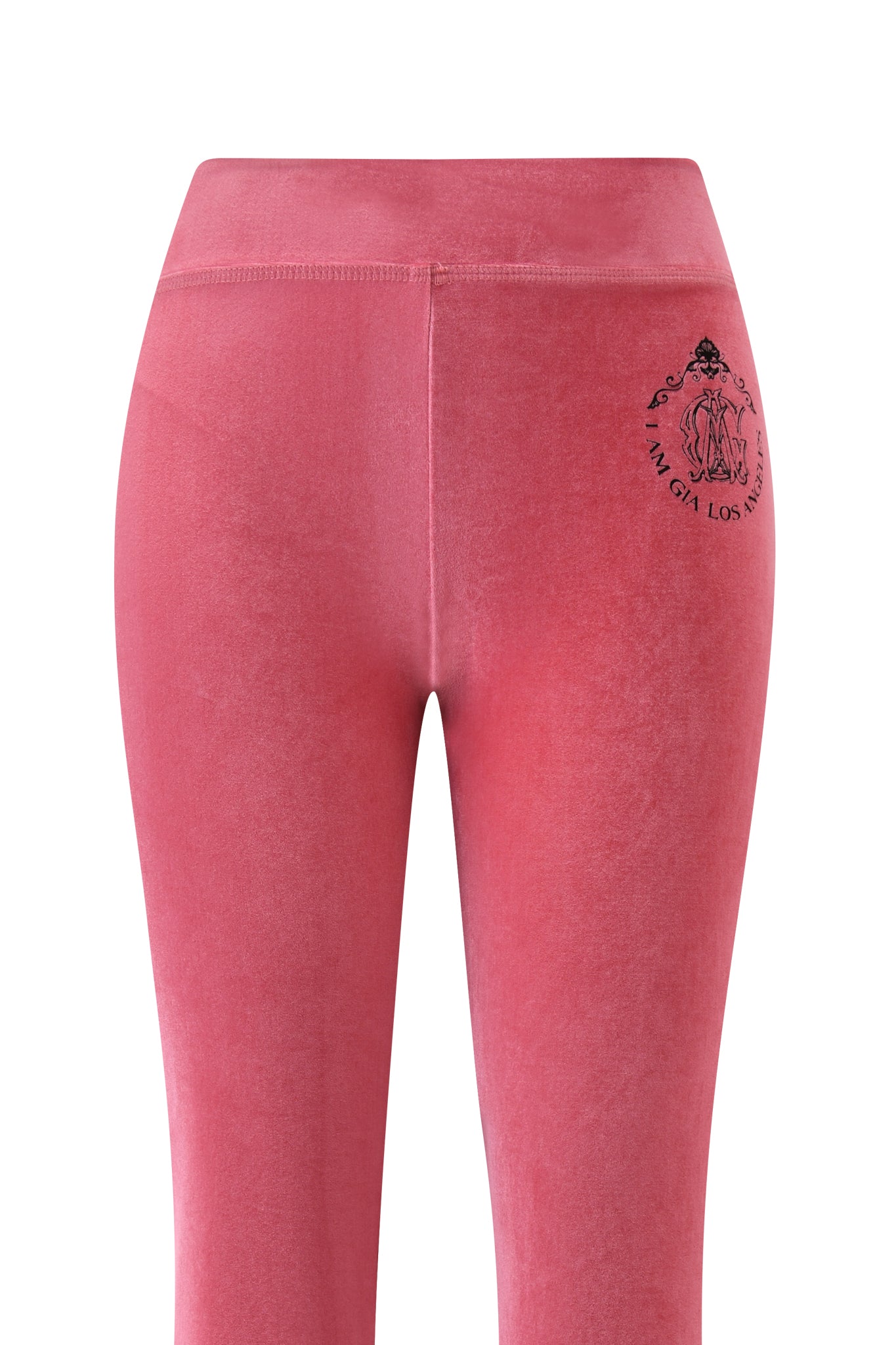 The I.AM.GIA BLARE Velour Pocket Trackpant in pink features a high waist and a small black GIA script logo with a circular "Los Angeles" design on the upper left hip.