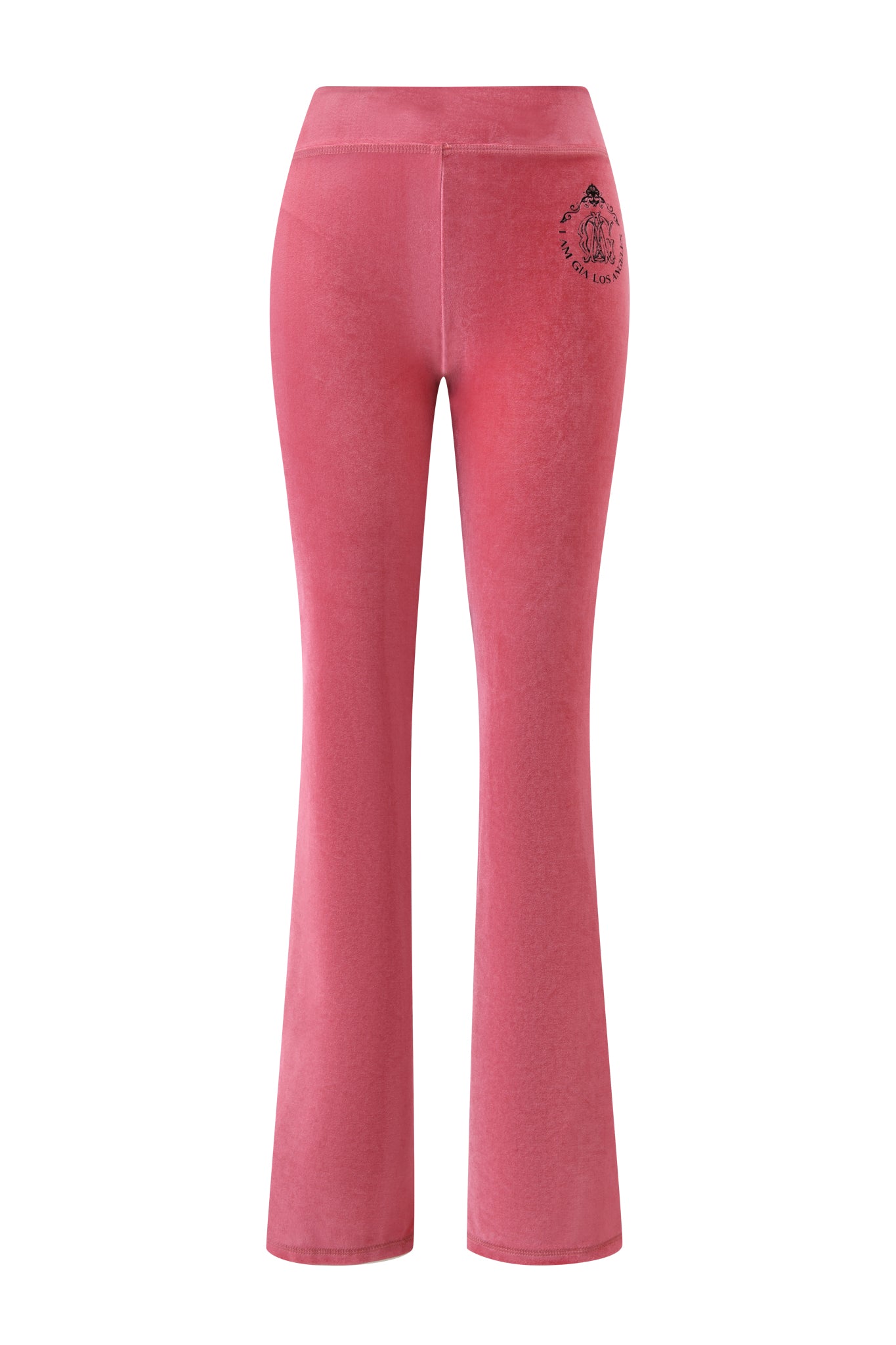 Back view of the I.AM.GIA BLARE VELOUR POCKET TRACKPANT in pink, featuring a mid rise waist and a small dark GIA script logo on the upper left hip.