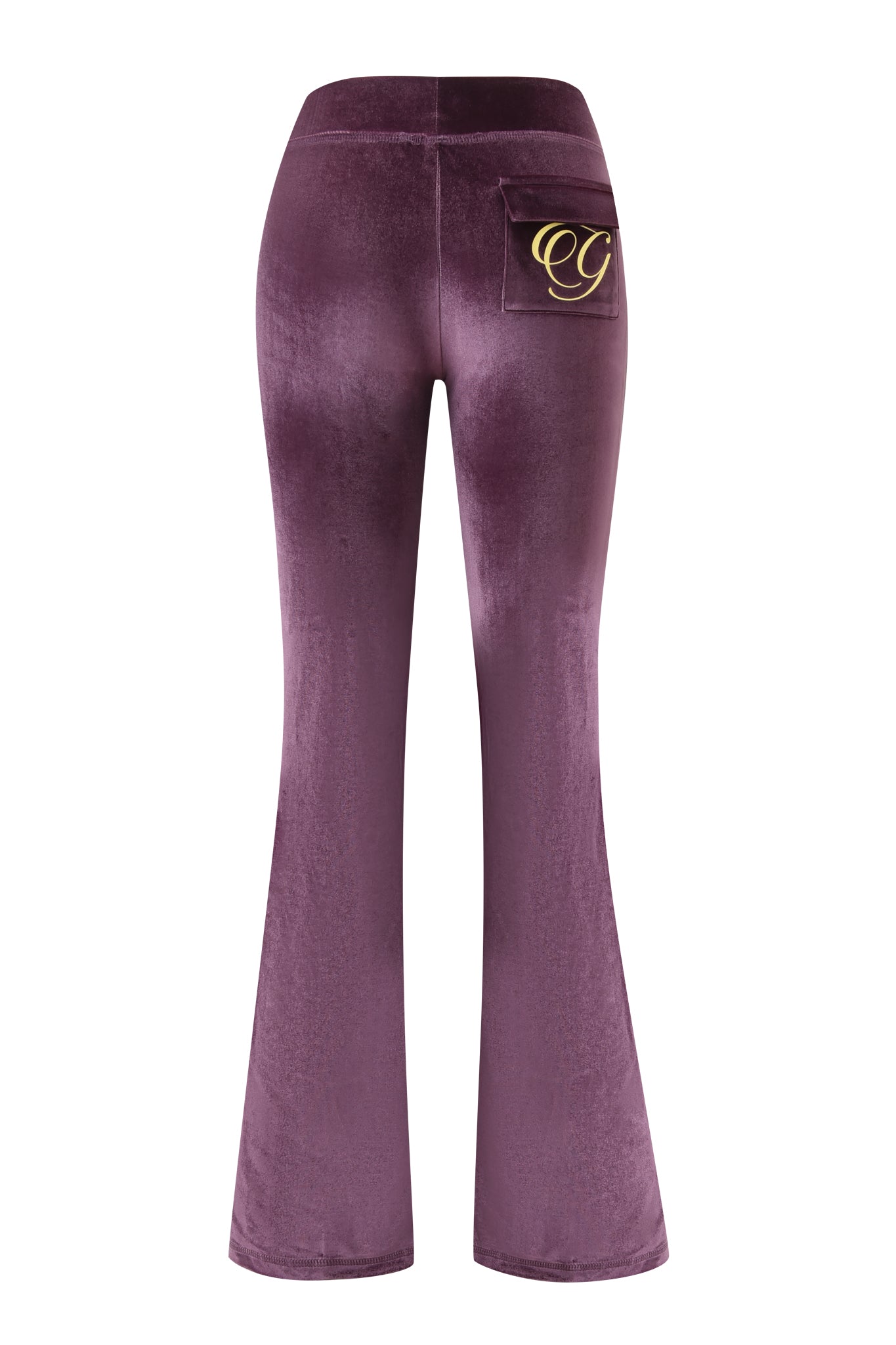 The BLARE VELOUR POCKET TRACKPANT in purple by I.AM.GIA is a flared, mid-rise trackpant with a single right rear pocket featuring gold embroidered script. Shown from the back.