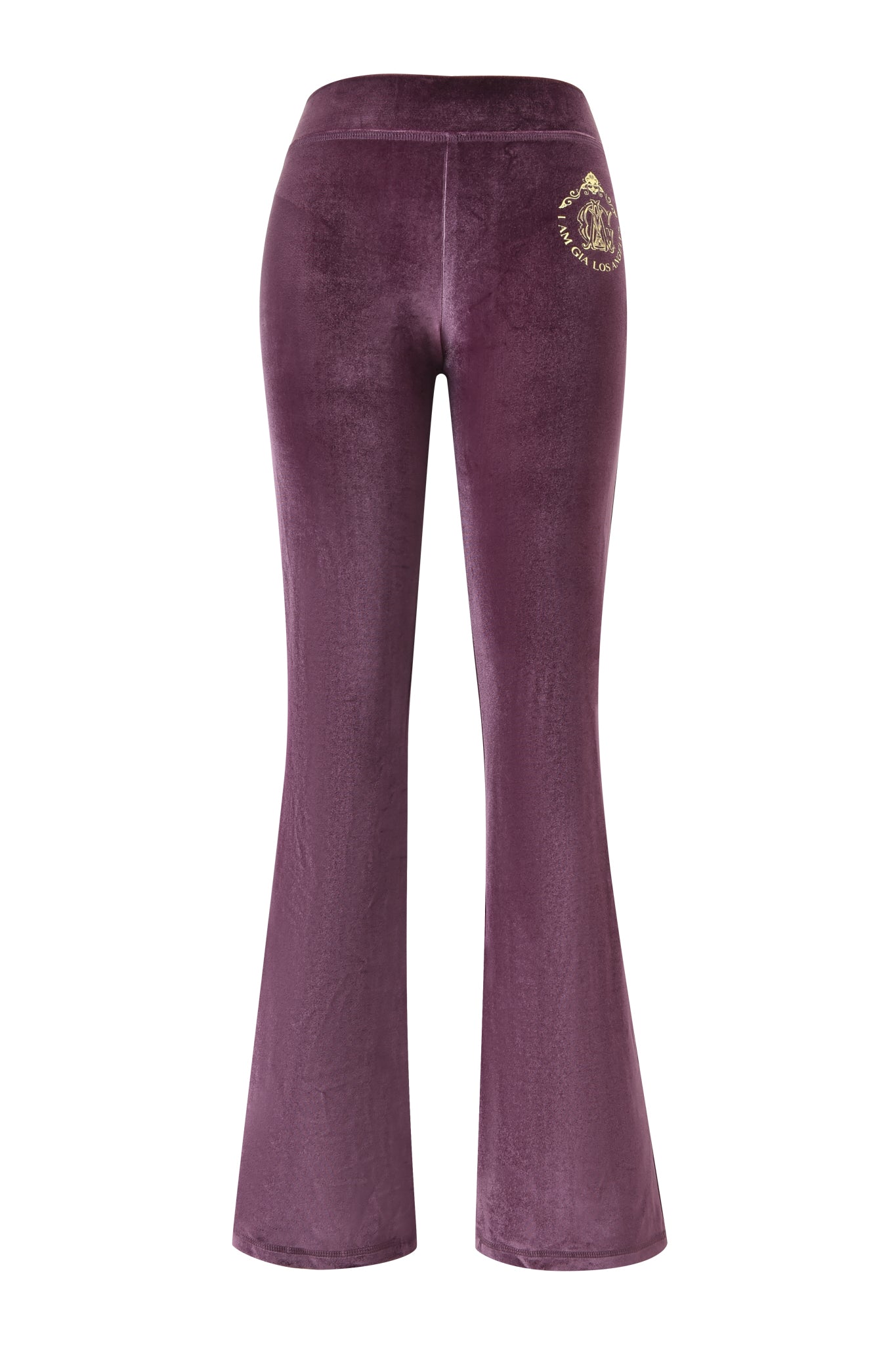 The BLARE VELOUR POCKET TRACKPANT by I.AM.GIA features flared purple velour, a mid rise waist, and a gold embroidered logo on the left hip, shown against a white background.