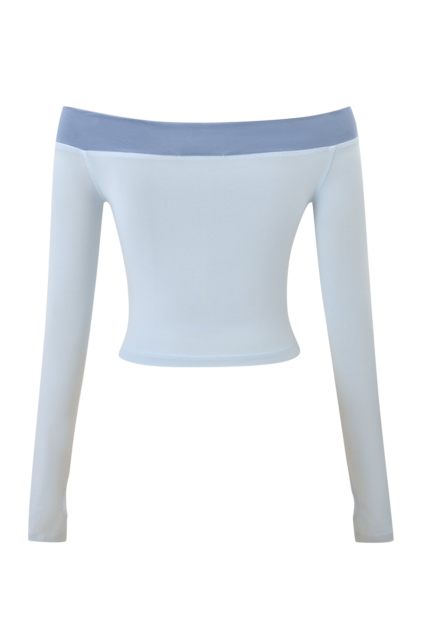The I.AM.GIA BLARE OFF SHOULDER TOP - TWO TONE POWDER BLUE is a light blue zip-up top with a darker blue neckline band, made from buttery-soft viscose, shown on a white background.