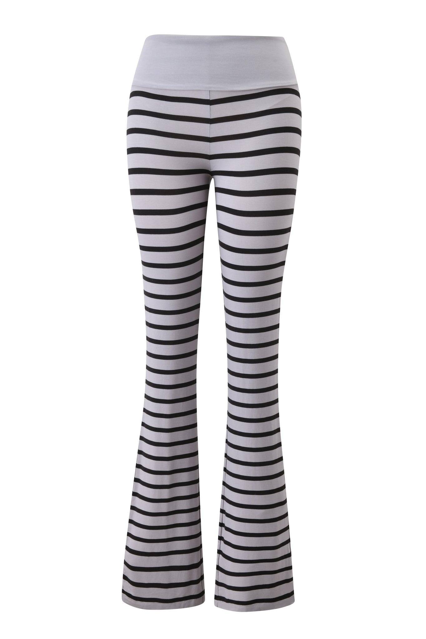 The I.AM.GIA BLARE FOLDOVER TRACKPANT in grey and black stripe features a high-waisted fit, solid light gray waistband, fitted thighs, and flared legs for a bold, modern silhouette.