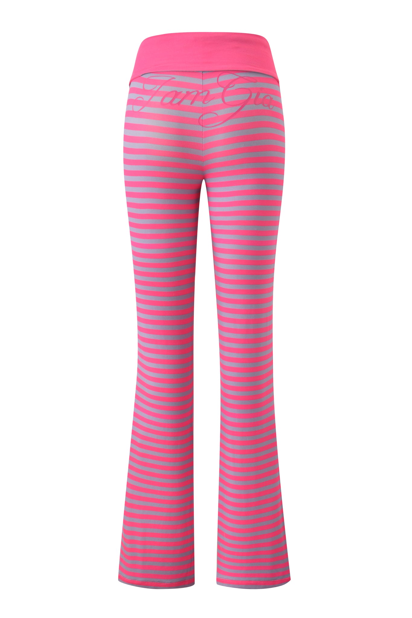 Back view of I.AM.GIA BLARE FOLDOVER TRACKPANT - HOT PINK STRIPE featuring hot pink and light grey stripes, a wide foldover waistband with cursive text, shiny fabric, and a flared leg silhouette.