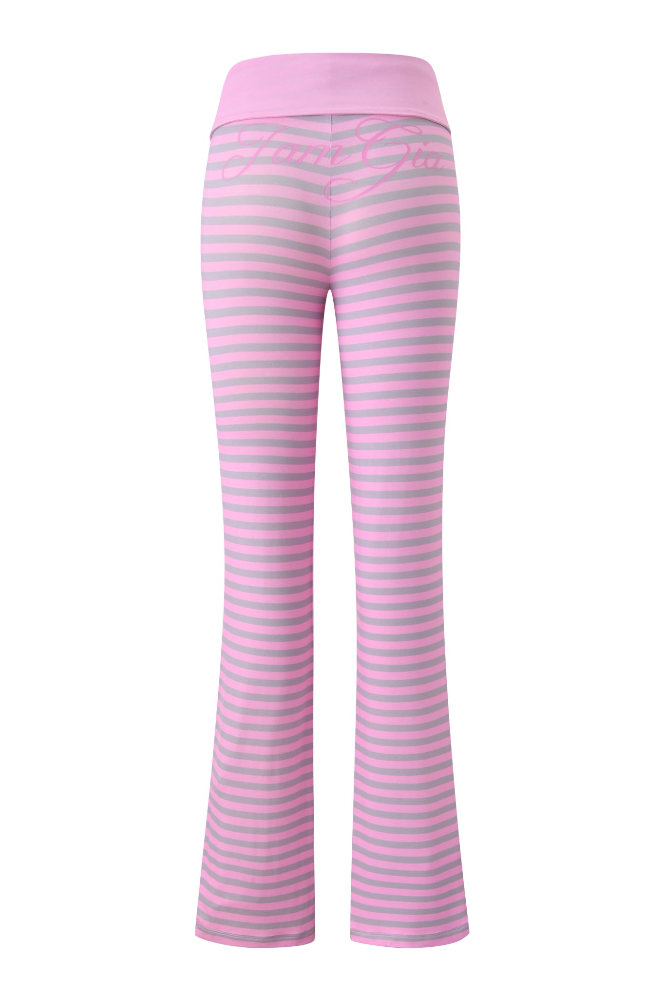 I.AM.GIA BLARE FOLDOVER TRACKPANT - LIGHT PINK STRIPE features pink and light purple horizontal stripes, a flared leg, foldover waistband, and fitted hips and thighs for a flattering look. Displayed on a white background.