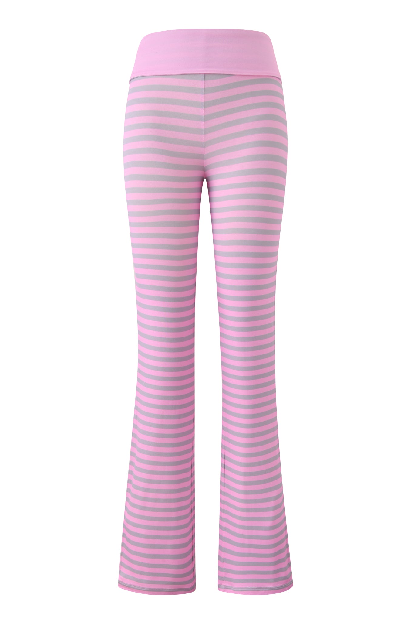 The I.AM.GIA BLARE FOLDOVER TRACKPANT - LIGHT PINK STRIPE features pink and light purple stripes, a flared leg, and a wide foldover waistband, displayed front-facing on a white background.