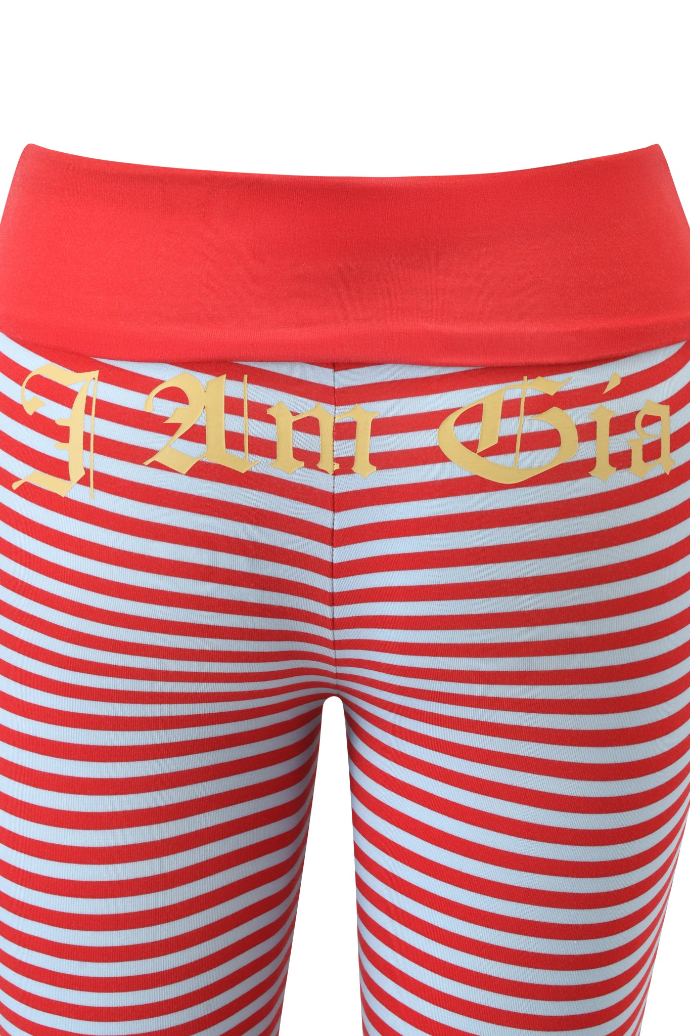 The I.AM.GIA BLARE FOLDOVER TRACKPANT features red and blue horizontal stripes, a wide red waistband, and gold Gothic-style “I Am Gia” lettering partly visible on the front. Crafted from buttery-soft viscose fabric for comfort.